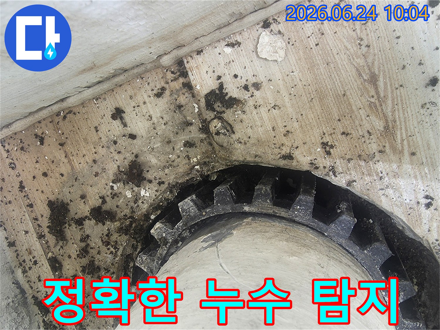 오래된 배관 주변에-물이 새어-검은 곰팡이와-물때가 심하게-생긴 모습을-보여주는 누수 현장