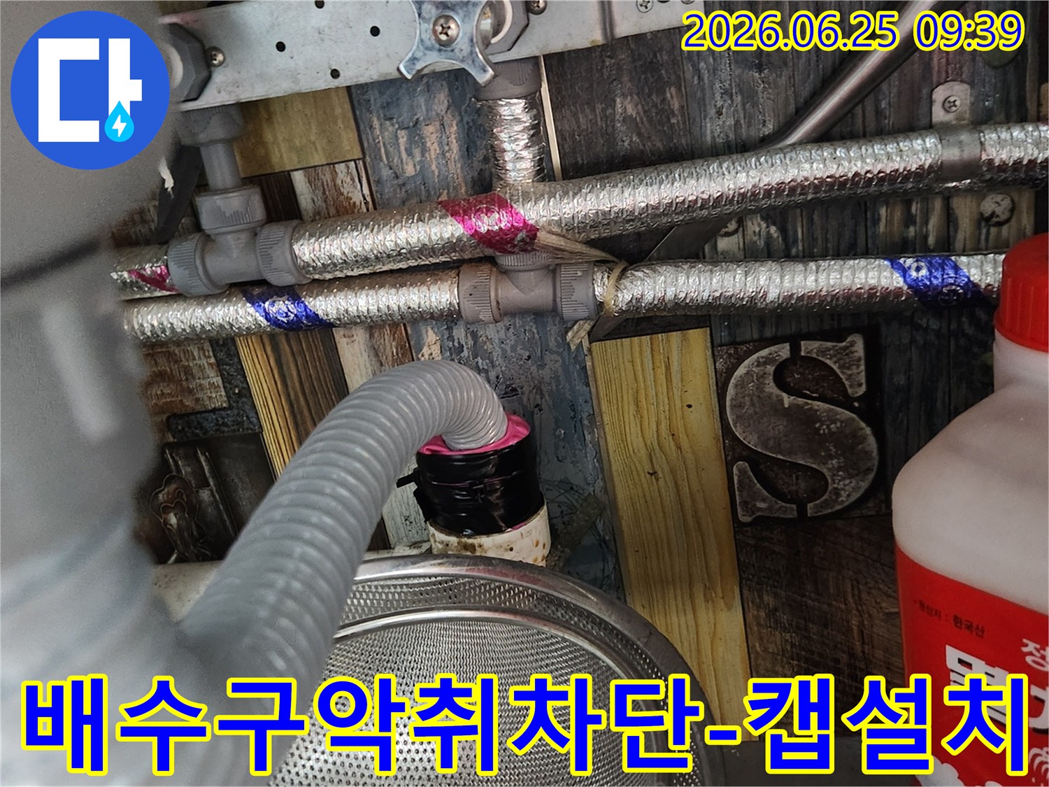 누수 수리 완료 후-세탁실 배수구에서 발생할 수 있는-악취와 해충을 막기 위해-맞춤 제작된 하수구 캡을 설치하는 최종 단계