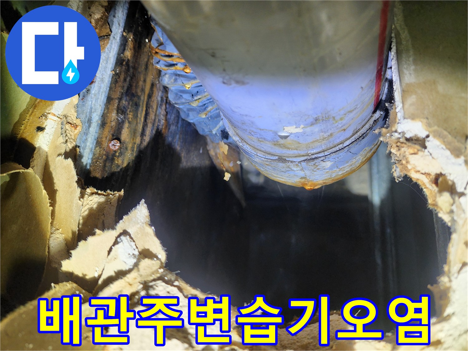 배관 주변에 습기가 차고 단열재가 젖어 있는 모습