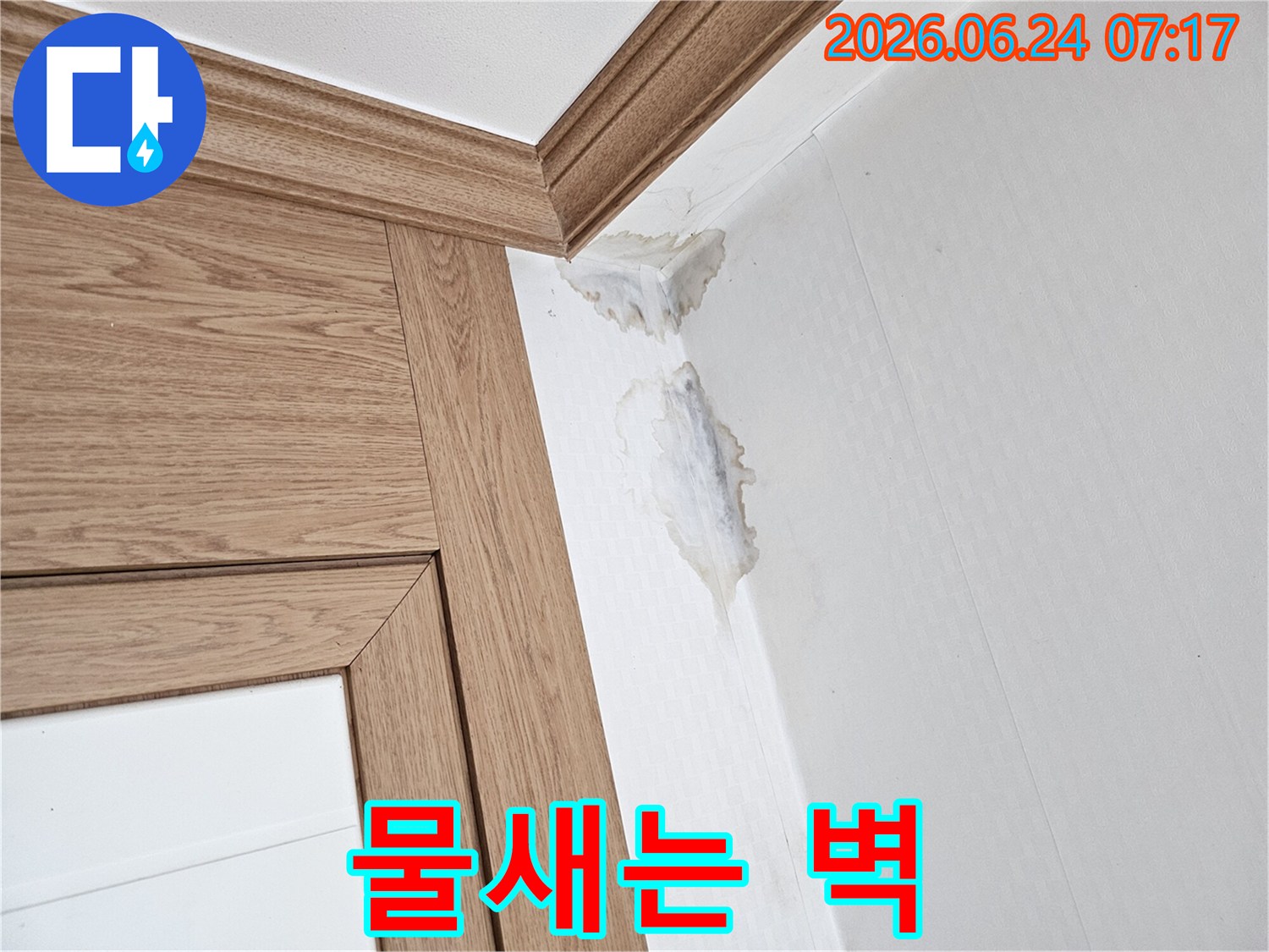 이 이미지는-벽과 천장 모서리에-누수로 인한-젖은 자국과-곰팡이가 생긴-모습을 보여줍니다.