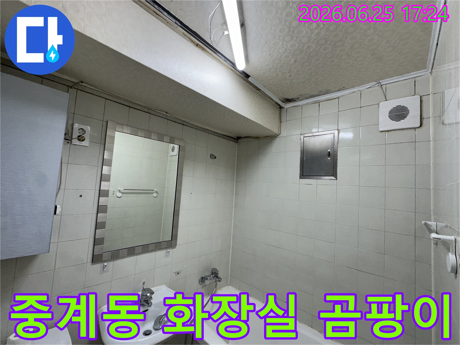 노원구-중계동-아파트-욕실-천장-누수로-인한-심각한-곰팡이와-얼룩-현장을-전문-누수-탐지사가-정밀하게-진단하는-모습