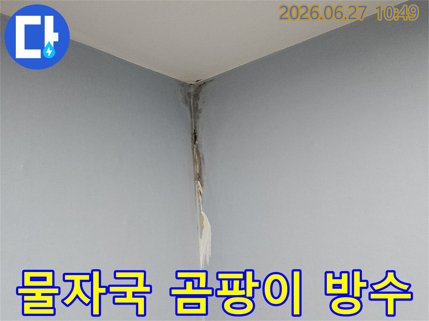 천장과 벽의 모서리 부근에 누수로 인한 물자국과 곰팡이가 발생하여-빌라 천장 누수 피해를 보여주며-전문적인 방수 시공이 필요한 현장입니다.