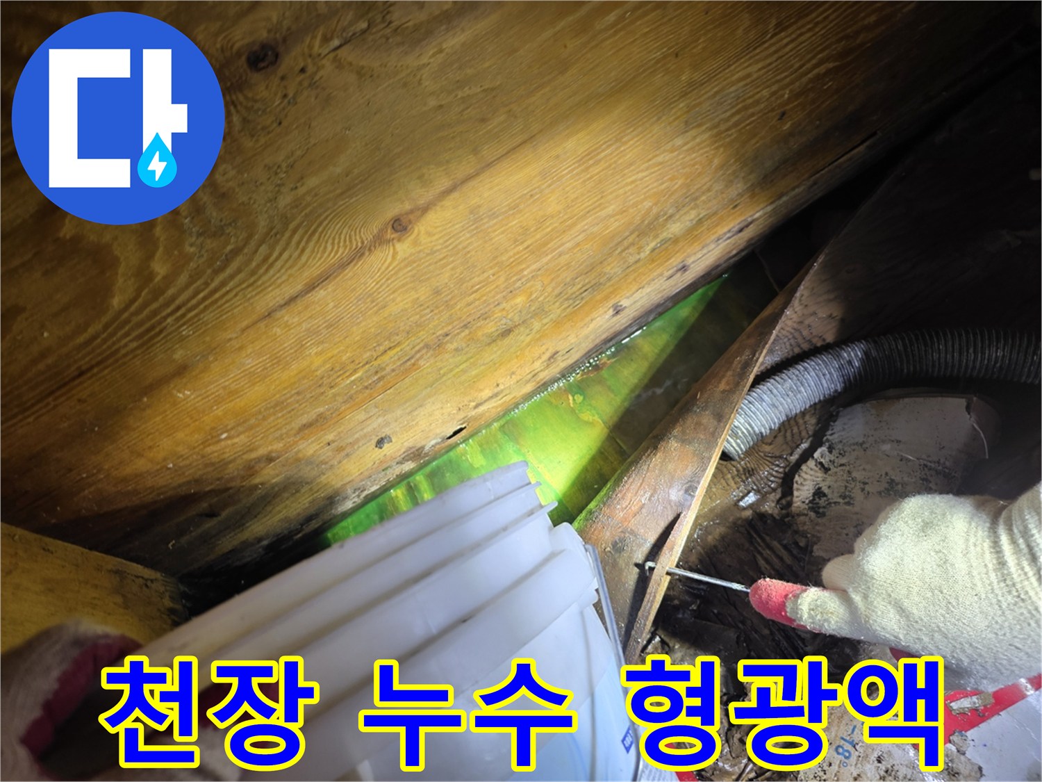 어두운 천장 내부에서 형광물질로 누수 원인을 파악하는 전문 기술자의 작업 현장