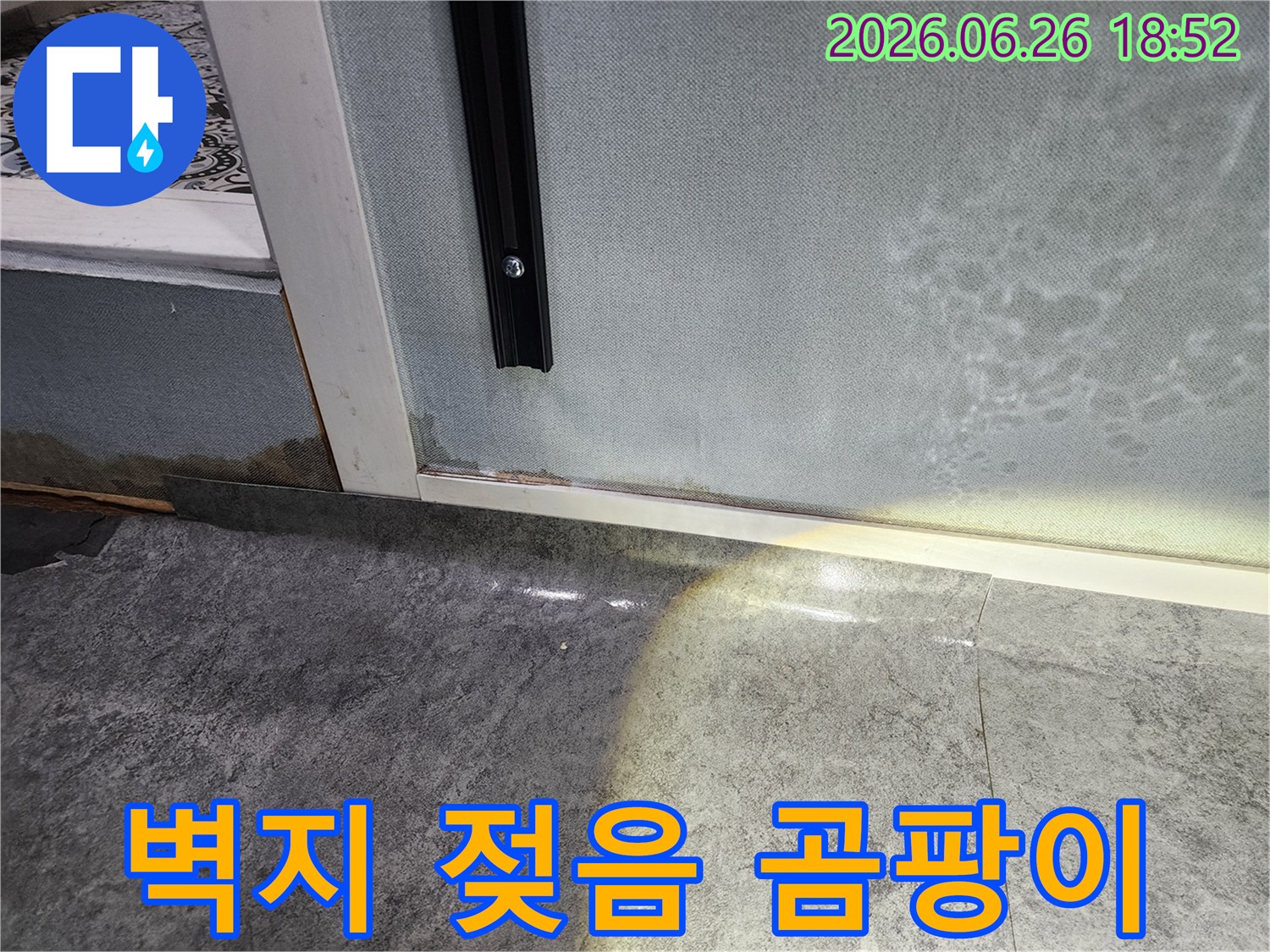 바닥에서부터 벽지로 스며든-누수로 인해-벽지가 오염되고-곰팡이가 발생한-현장 사진입니다