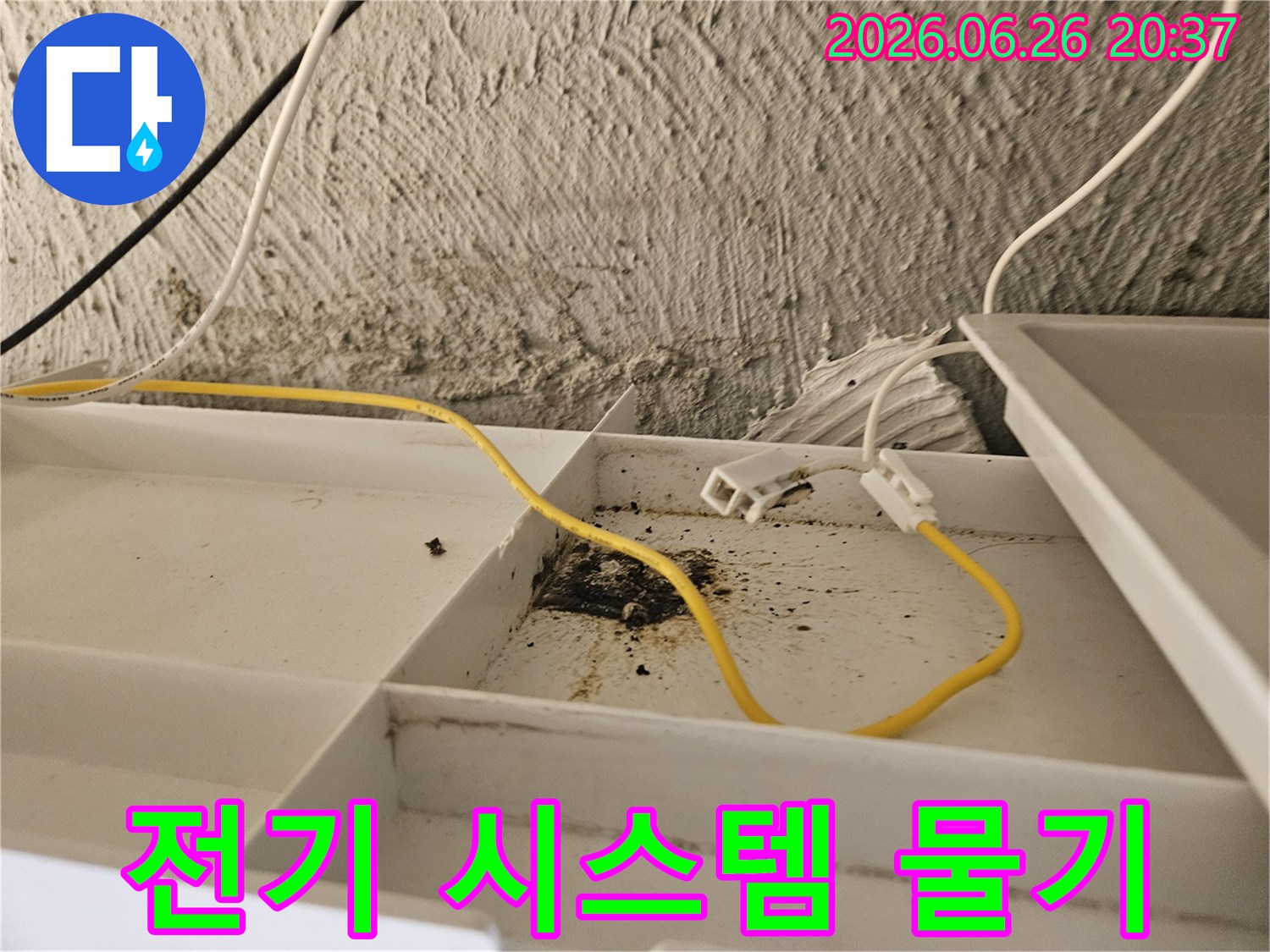 천장 내부의-전기 시스템에-물기가 스며들어-부식과-합선 위험이 있는-상황