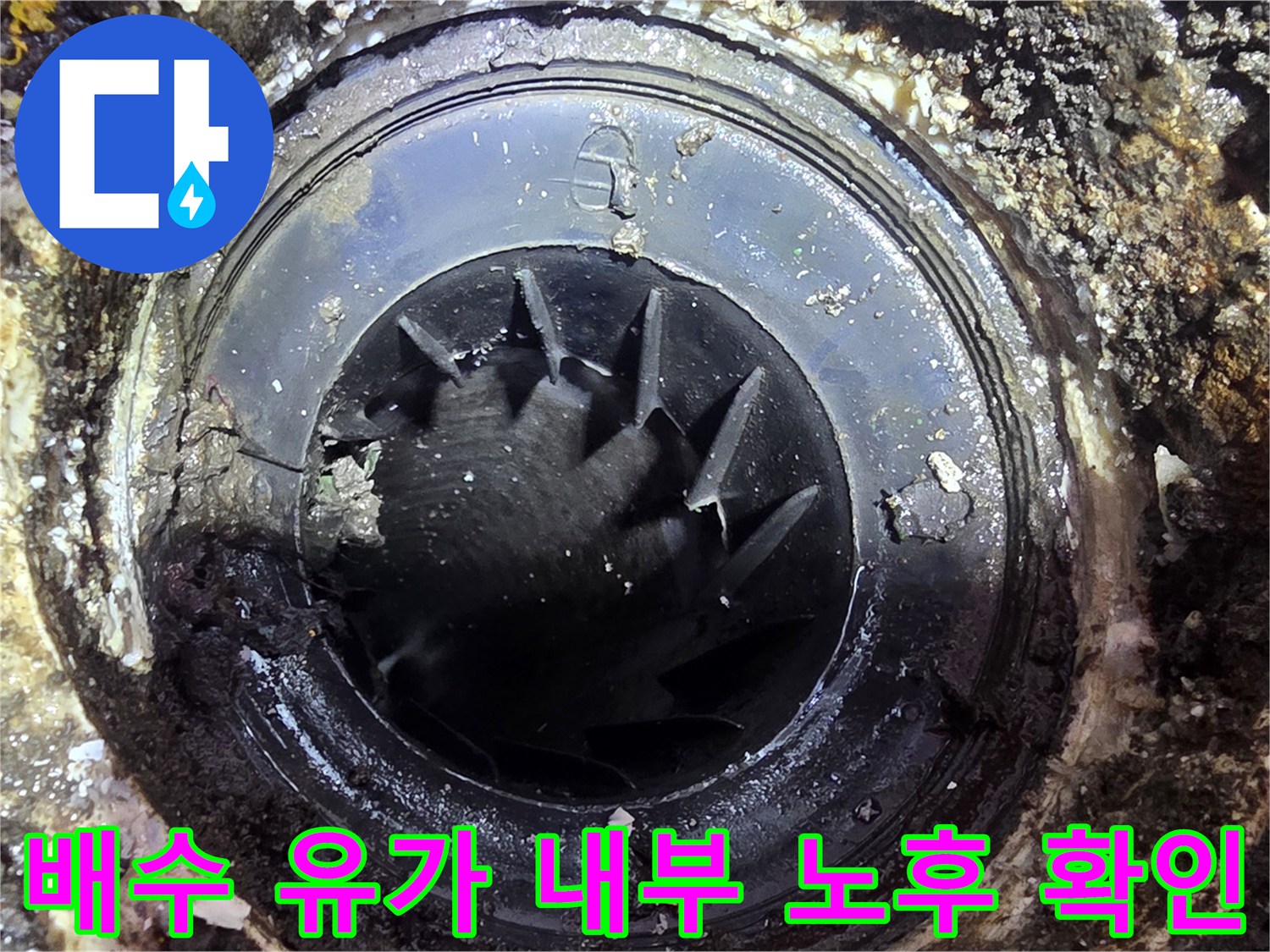 세탁실 배출용 트랩 내측의 노후 및 파손부 촬영