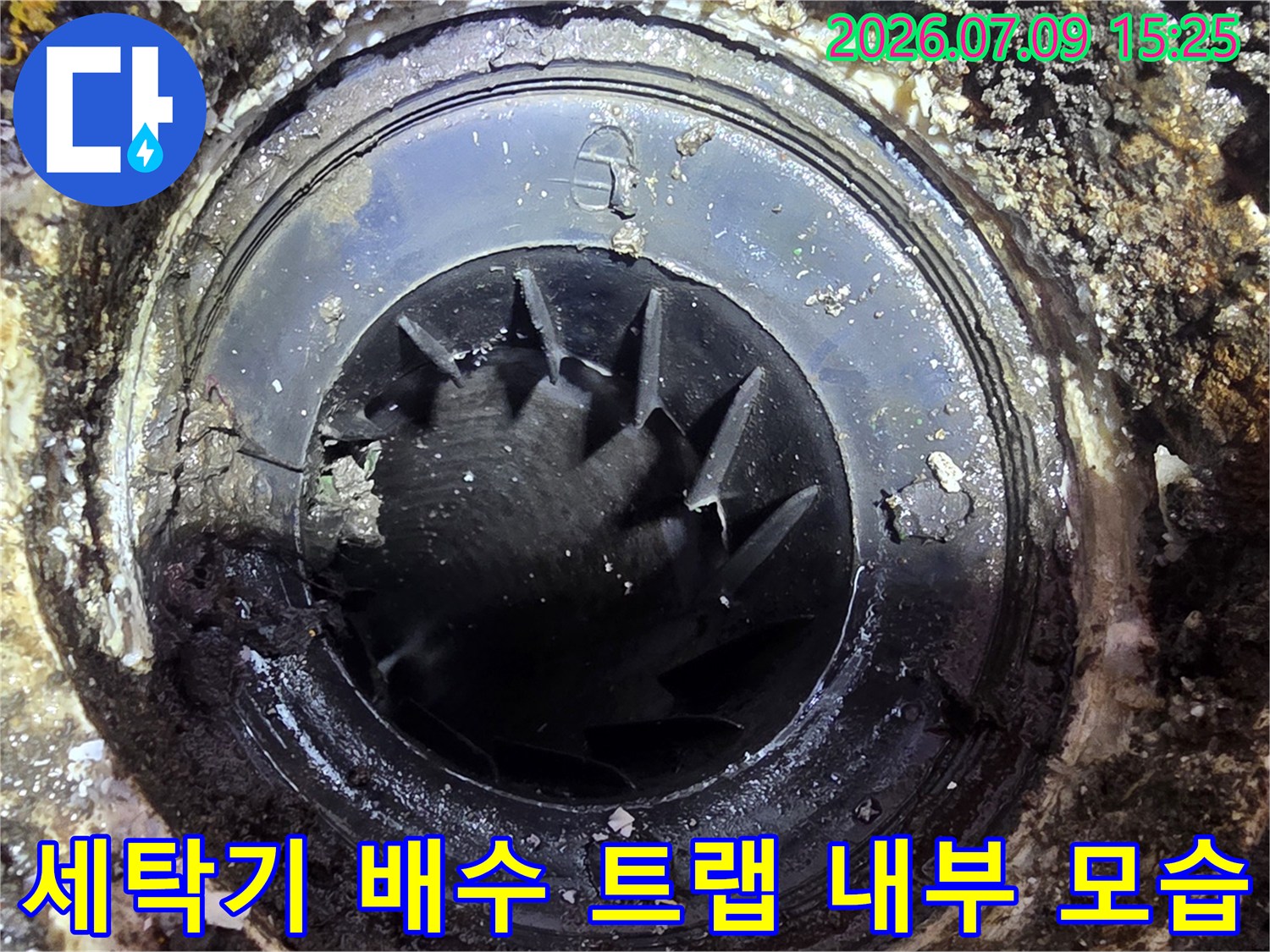 오염과 노후가 진행된 세탁실 배수용 트랩 상세 컷