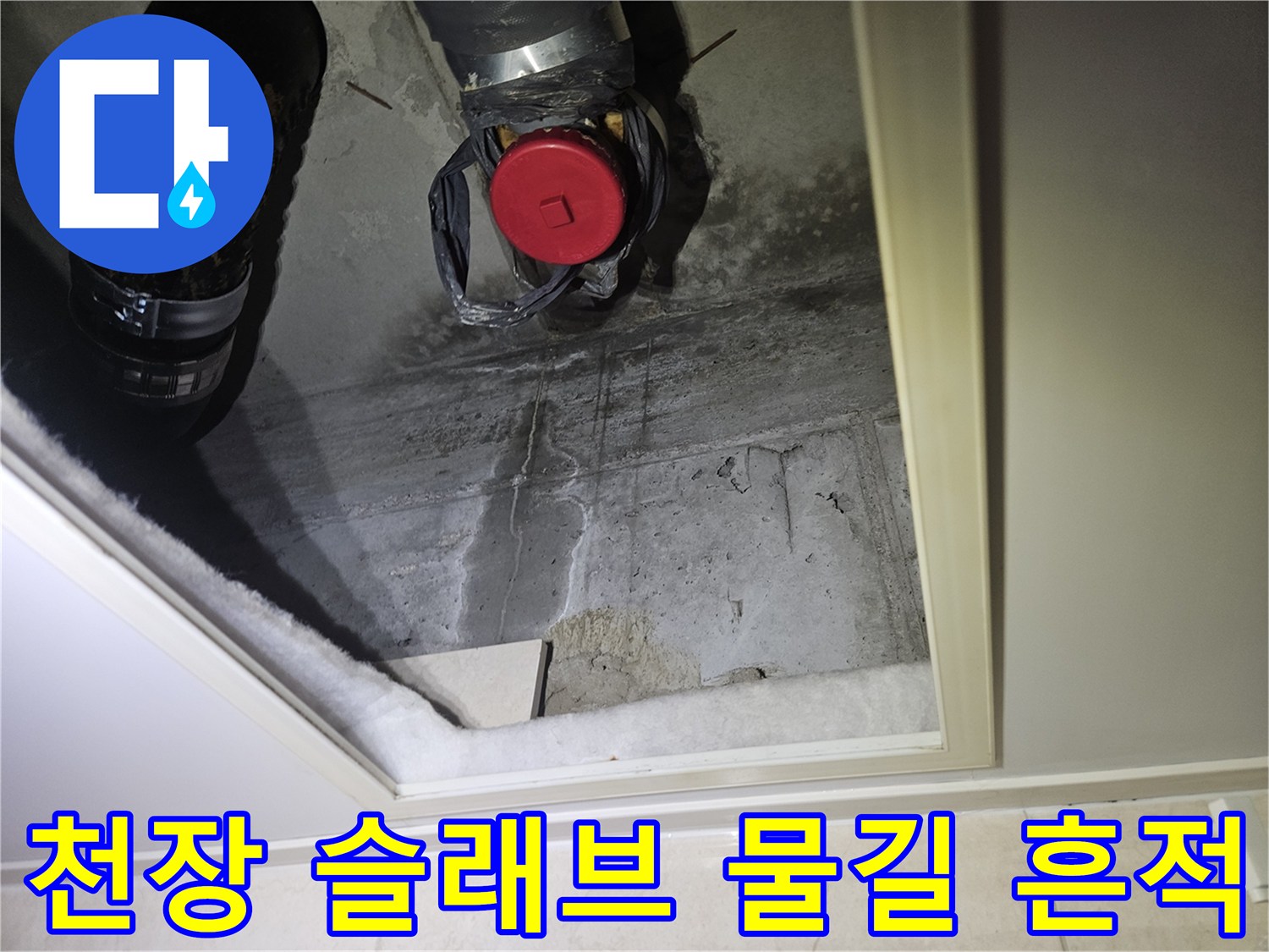 천장 콘크리트 면에 나타난 누수 경로와 습기 자국