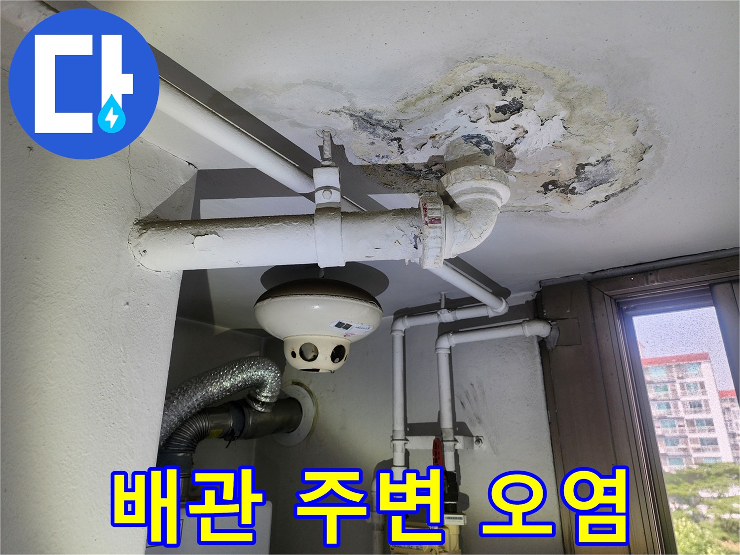 천장-배관-연결-부위의-심한-습기-및-콘크리트-오염