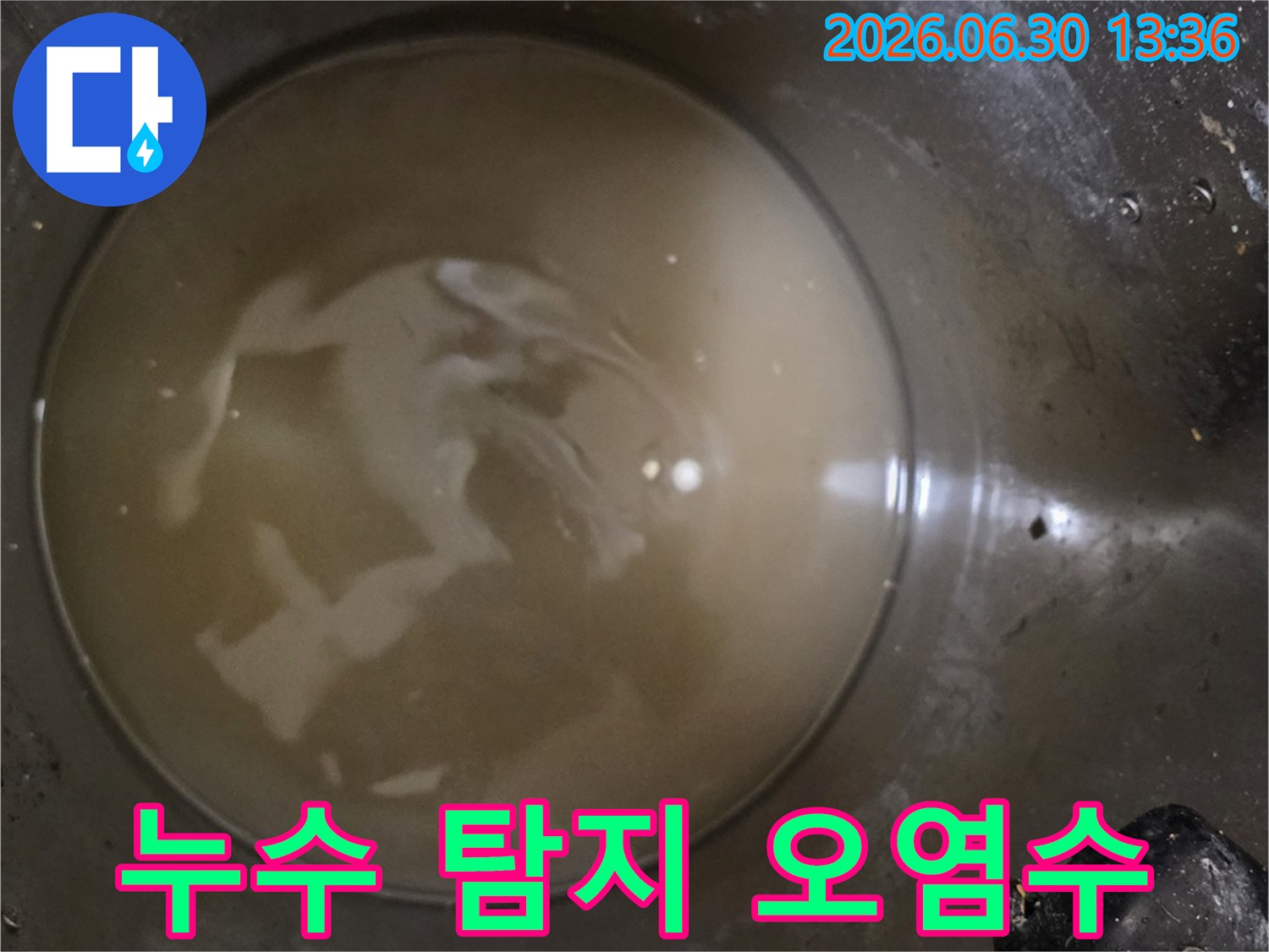 누수-탐지-과정에서-수집된-탁한-물-배관-내부-오염-상태-확인-누수-원인-분석-중-오염된-물-증거-사진