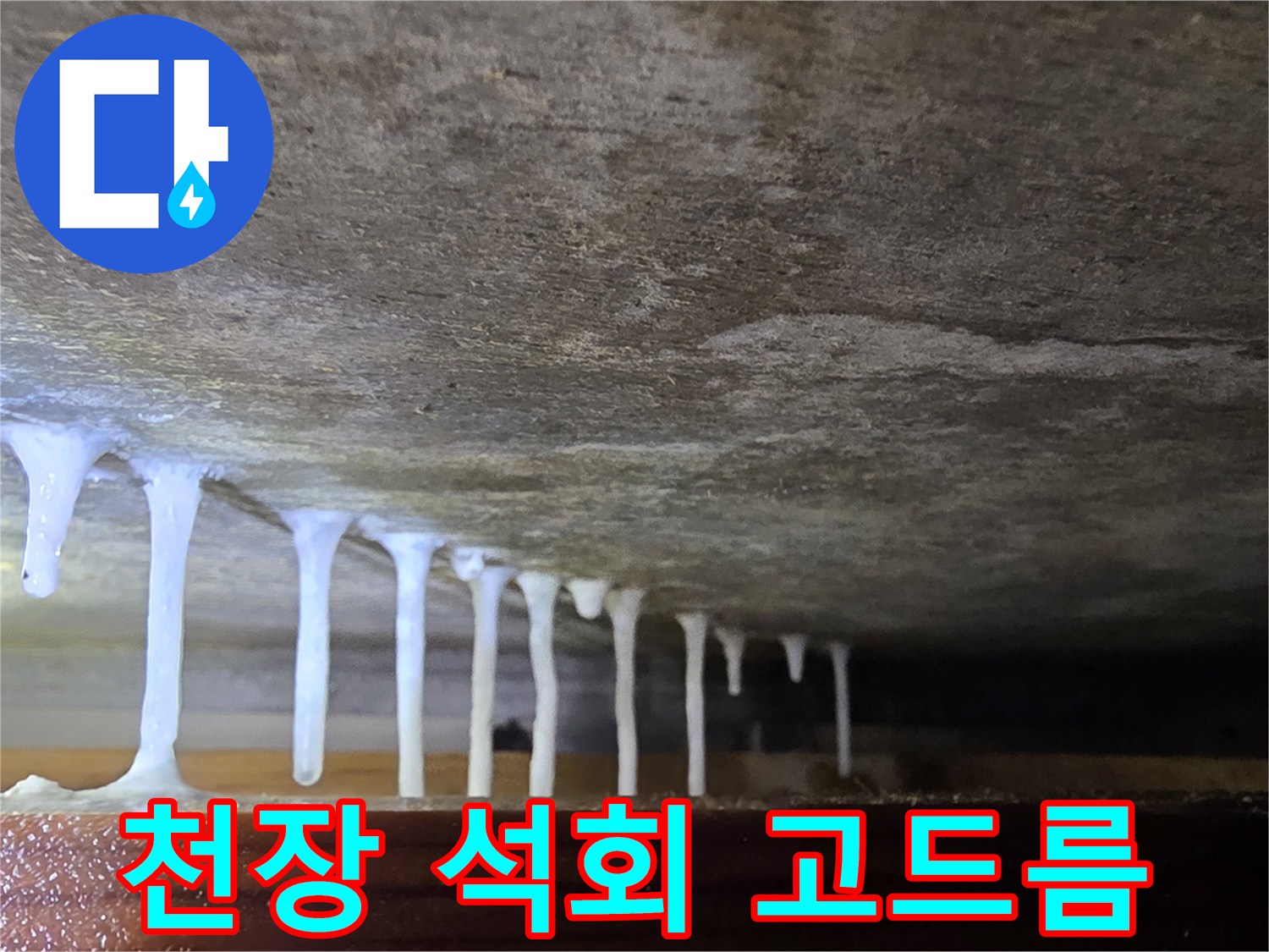 콘크리트 천장에서 흘러내린 하얀색 석회물 고드름 현상