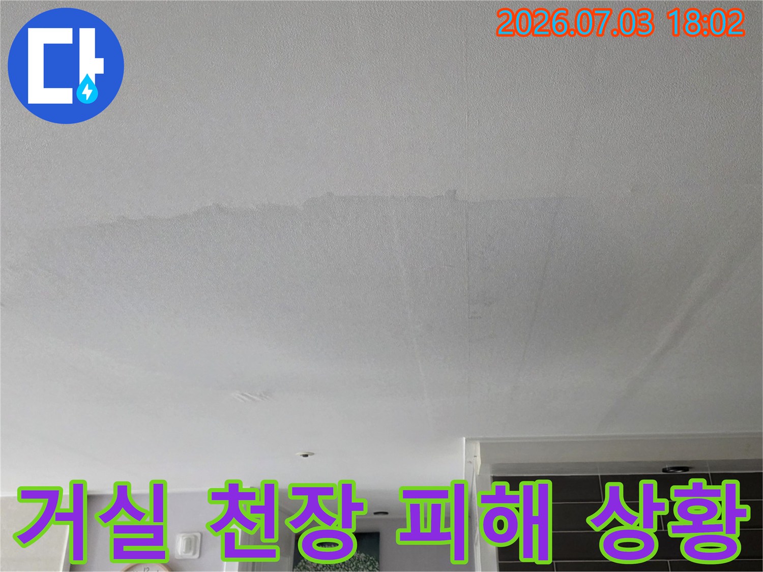 넓게 퍼진 흰색 계열의 누수 얼룩과 천장면 상태