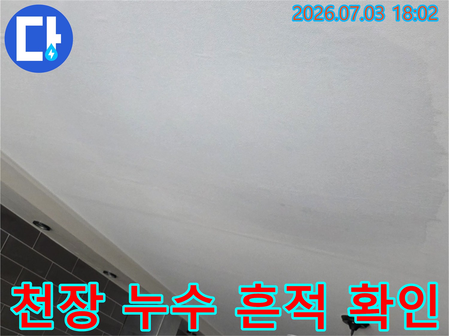 아래층 거실 천장에 발생한 넓은 범위의 누수 얼룩과 변색 부위
