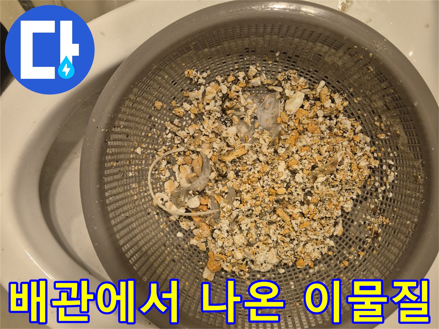 석션 장비로 흡입한 배관 내부의 기름 슬러지와 음식물 찌꺼기