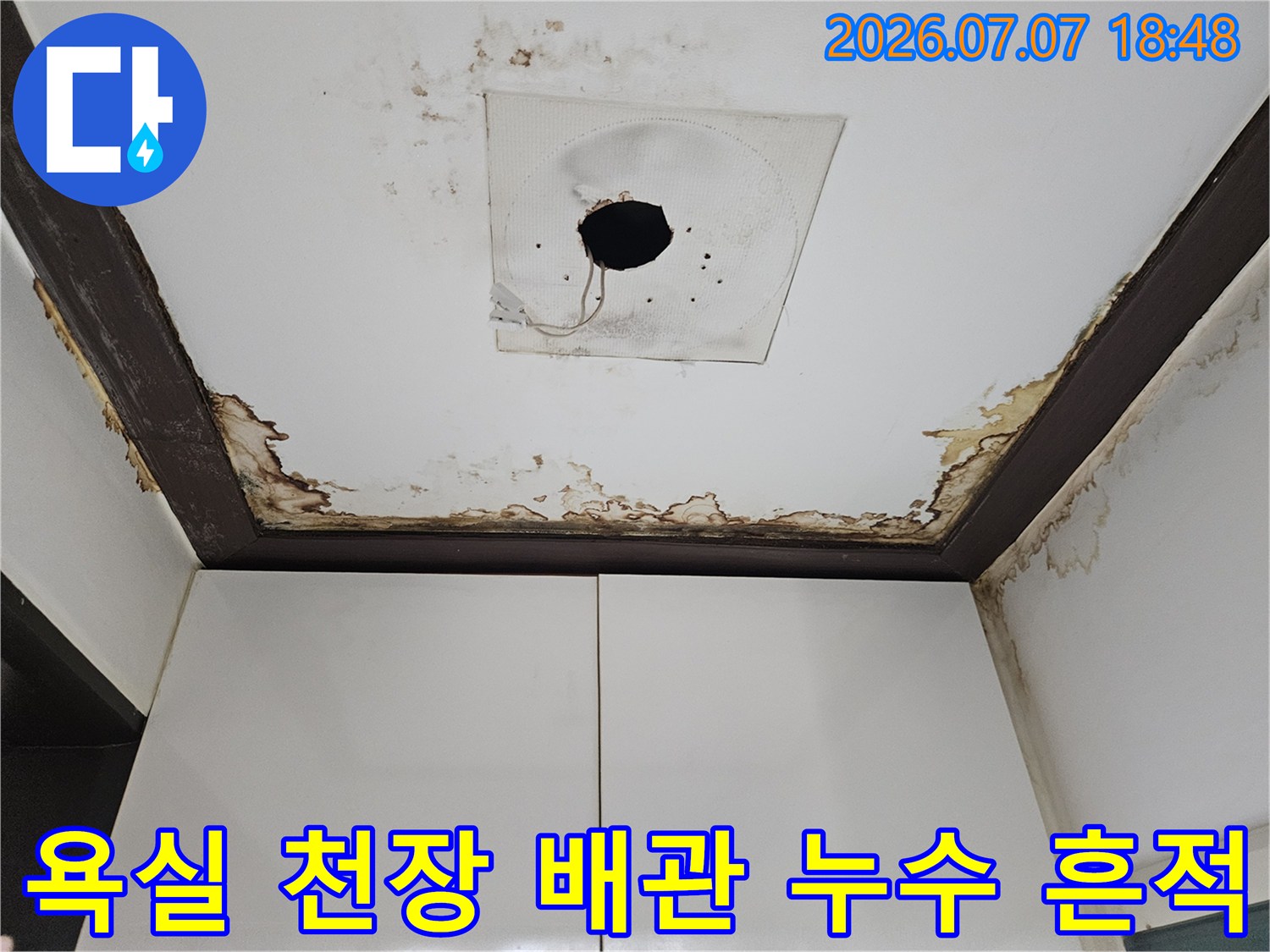 욕실 천장 내부의 누수로 인한 물자국과 곰팡이가 발생한 모습
