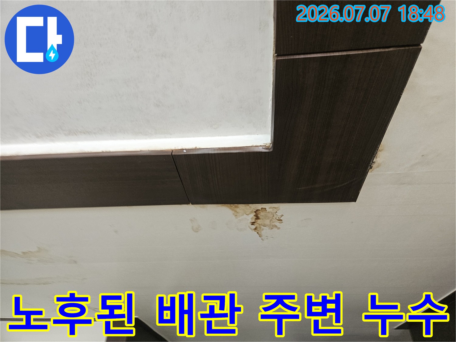 천장과 벽면 경계 부위에 발생한 다량의 물자국과 곰팡이 흔적