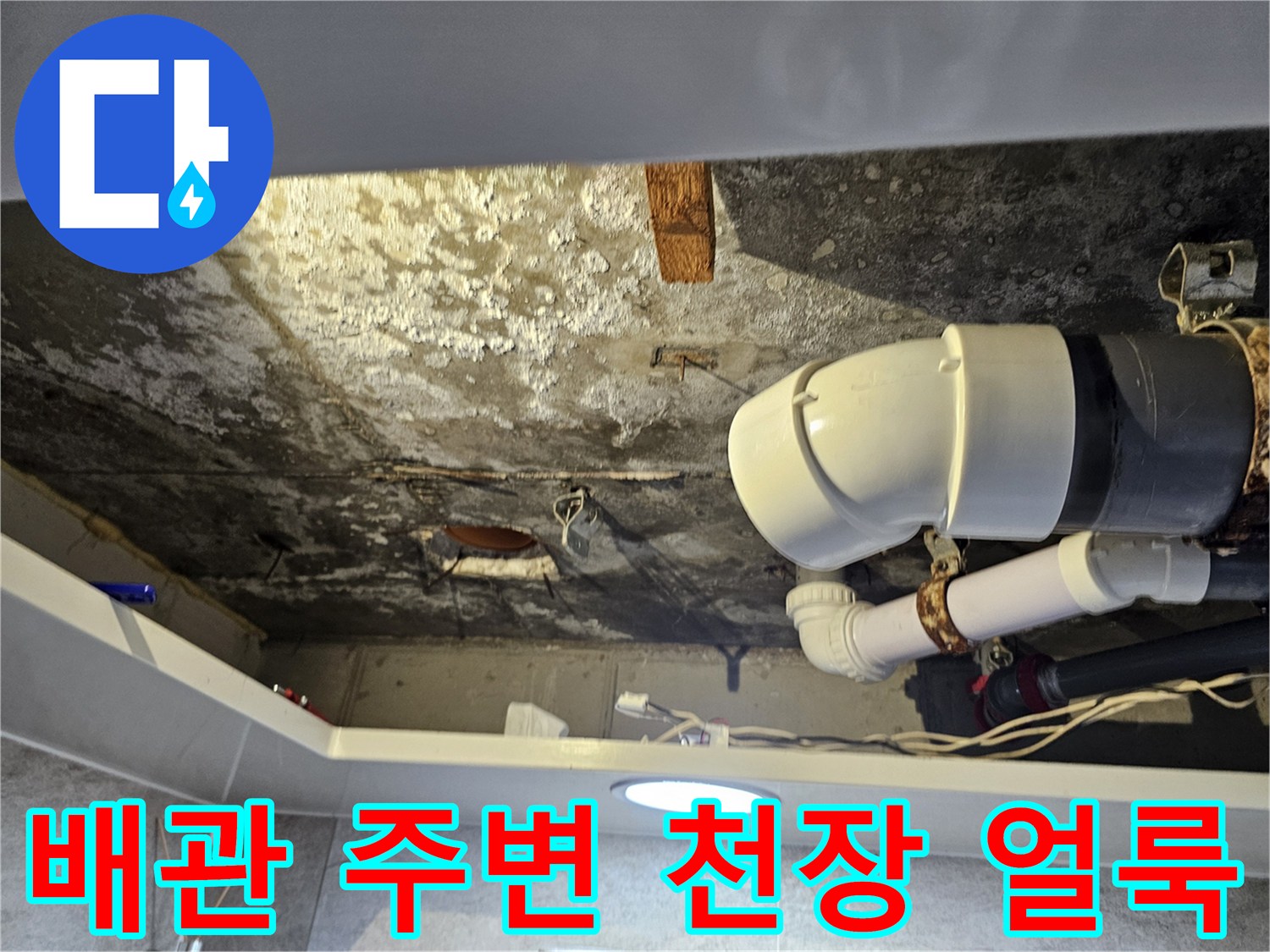 누수로 인해 젖어 있는 화장실 천장 마감재와 배관 구조