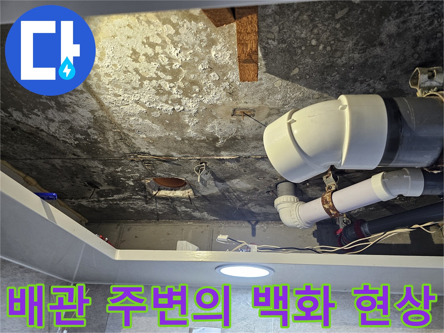 천장 배관 연결 부위 근처에 발생한 하얀색 백화 및 습기 흔적