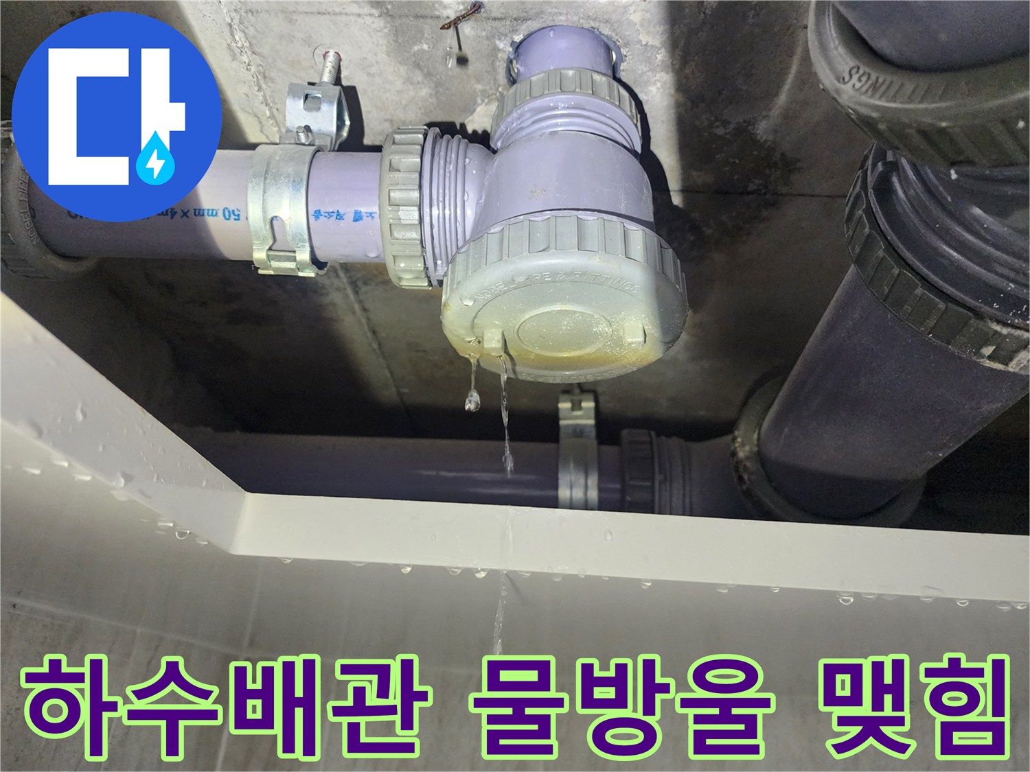 성북구 화장실 천장 하수 배관 연결 부위에서 물이 떨어지는 모습