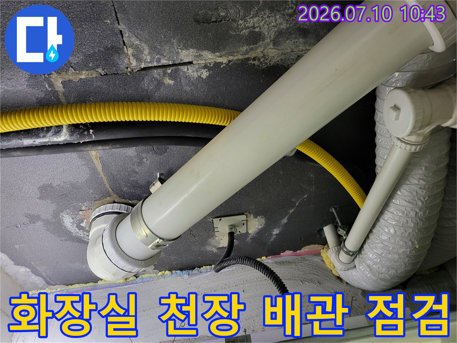 화장실 천장 안쪽의 노출된 하수 배관과 연결 부위 점검 모습