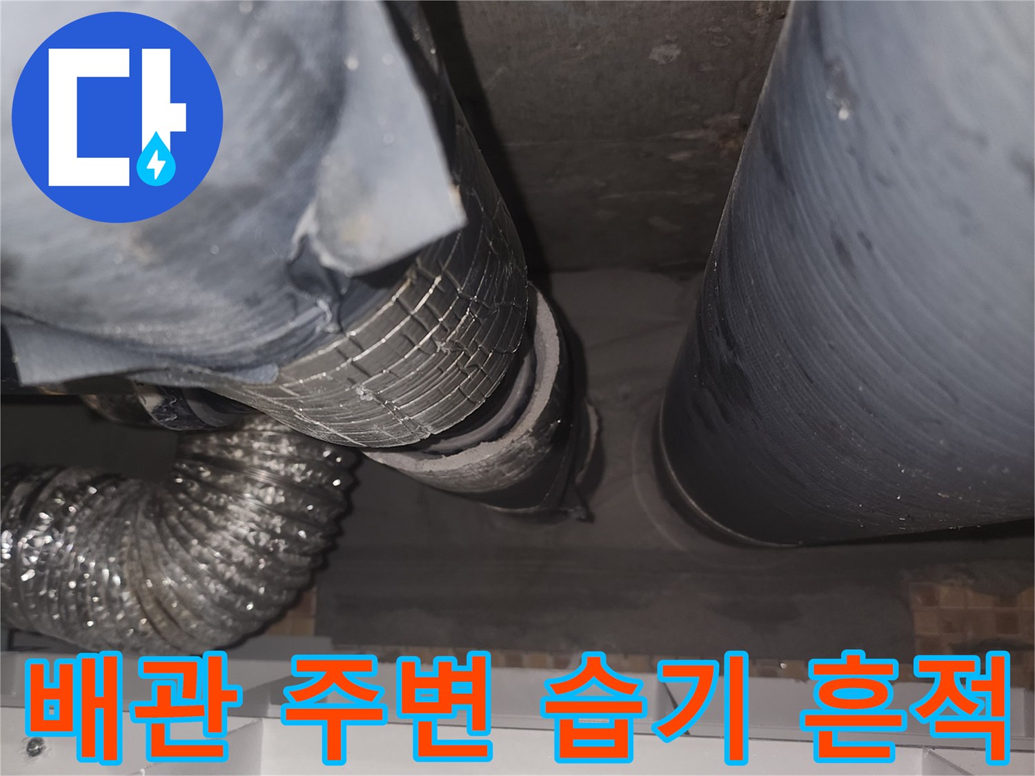 아랫집 천장 배관 주변의 습기와 오염 상태를 보여주는 사진입니다.