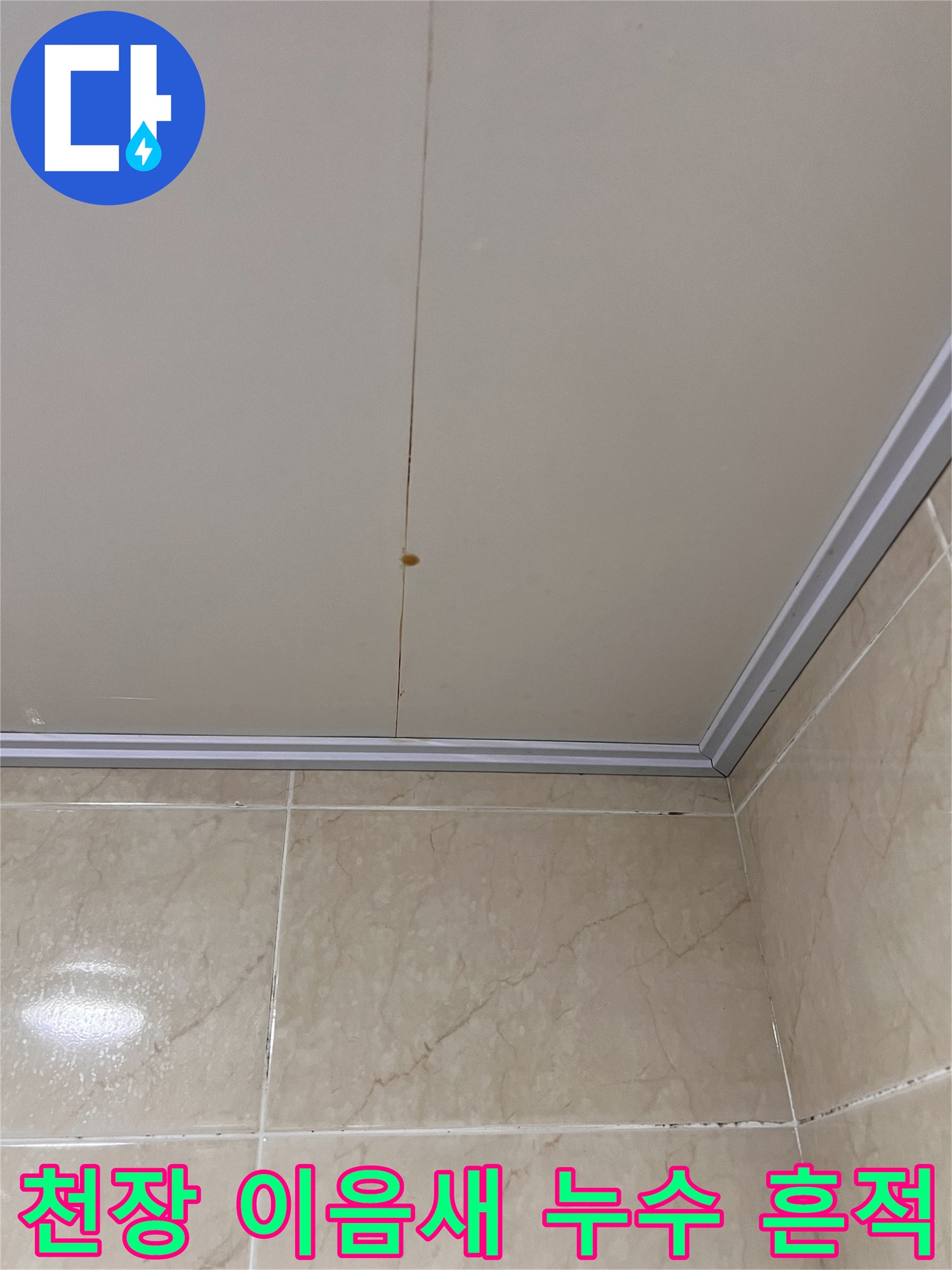 화장실 천장 패널 접합부의 갈색 물샘 자국