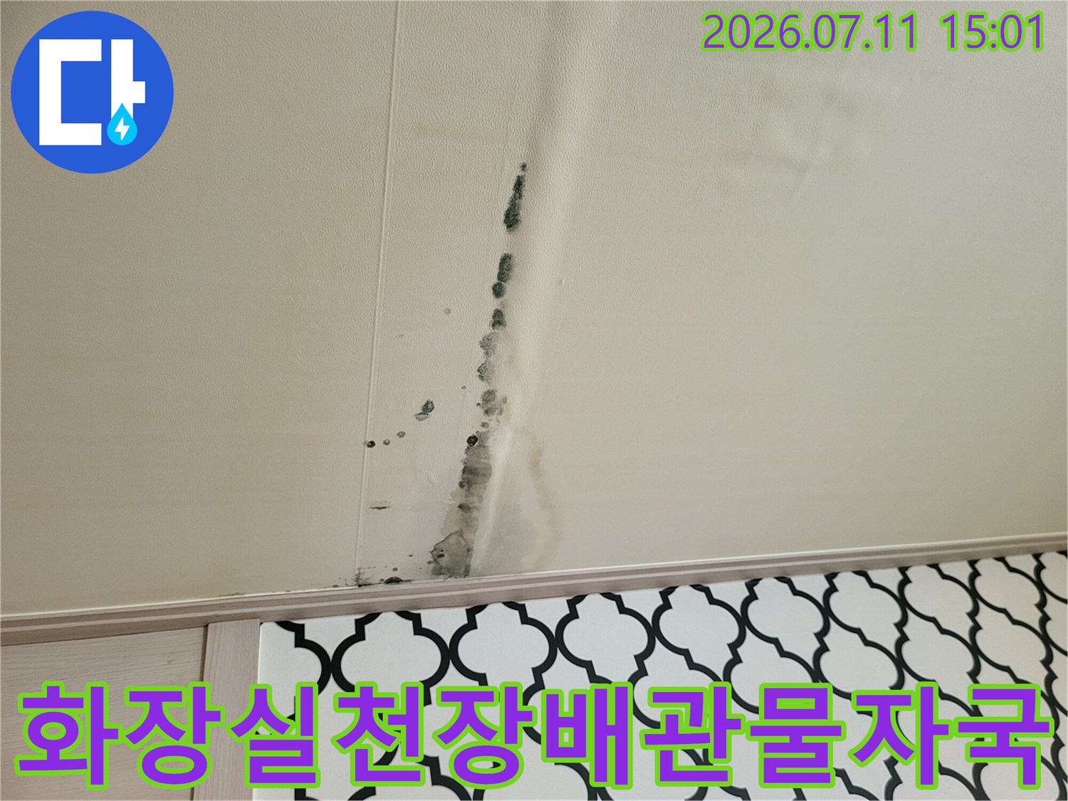 화장실 천장 배관 주변에 발생한 짙은 물자국과 곰팡이 흔적