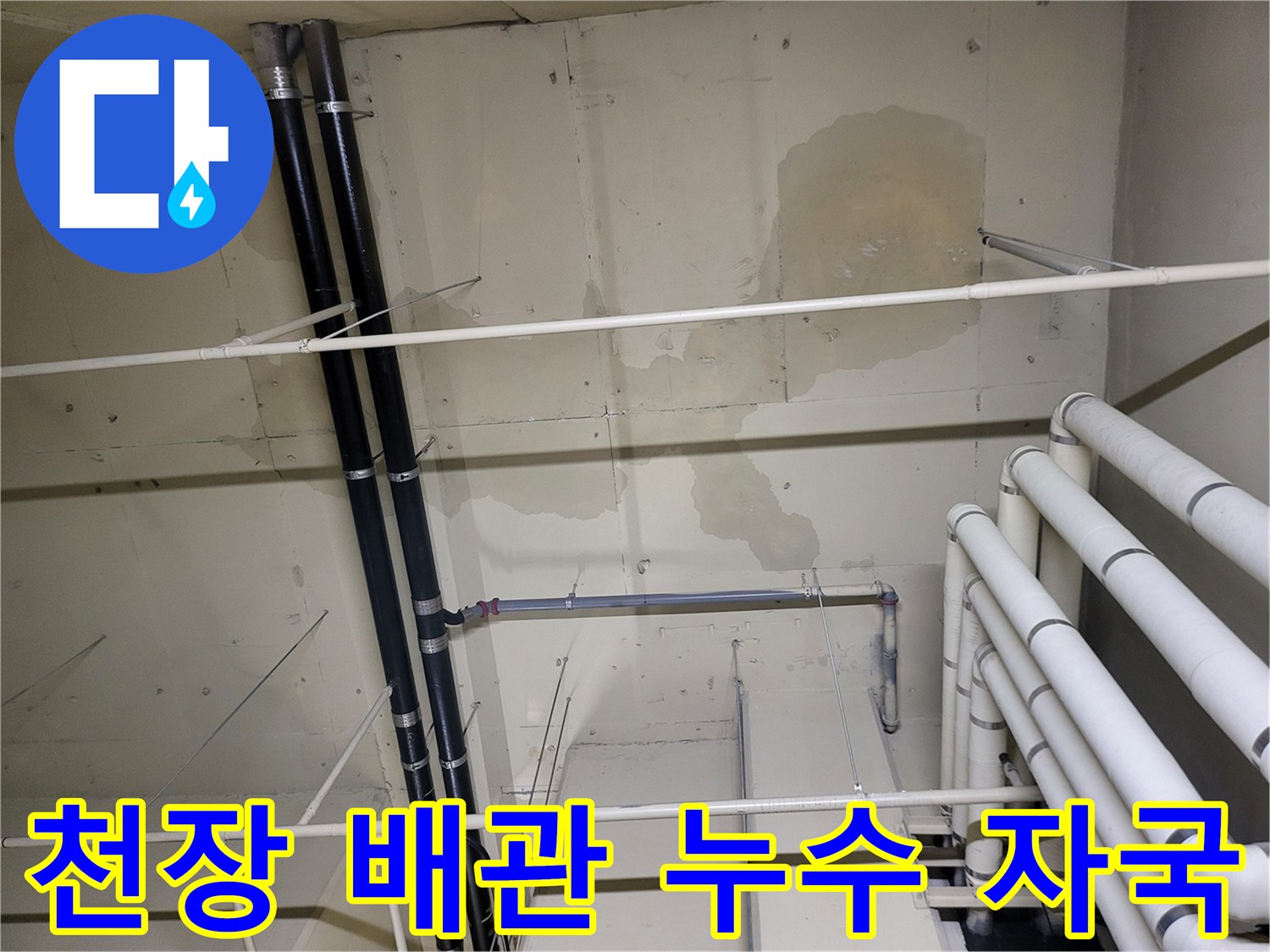 지하 천장 배관의 누수 발생 흔적과 젖은 콘크리트 표면