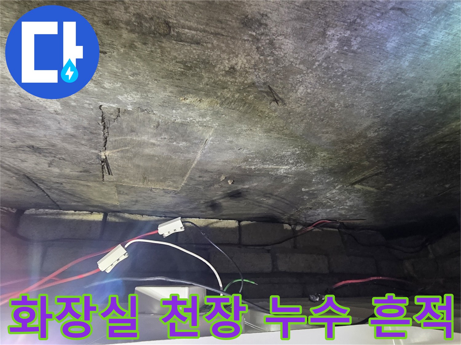 광주 신현동 현장의 화장실 천장 배관 주변 물얼룩과 곰팡이 상태