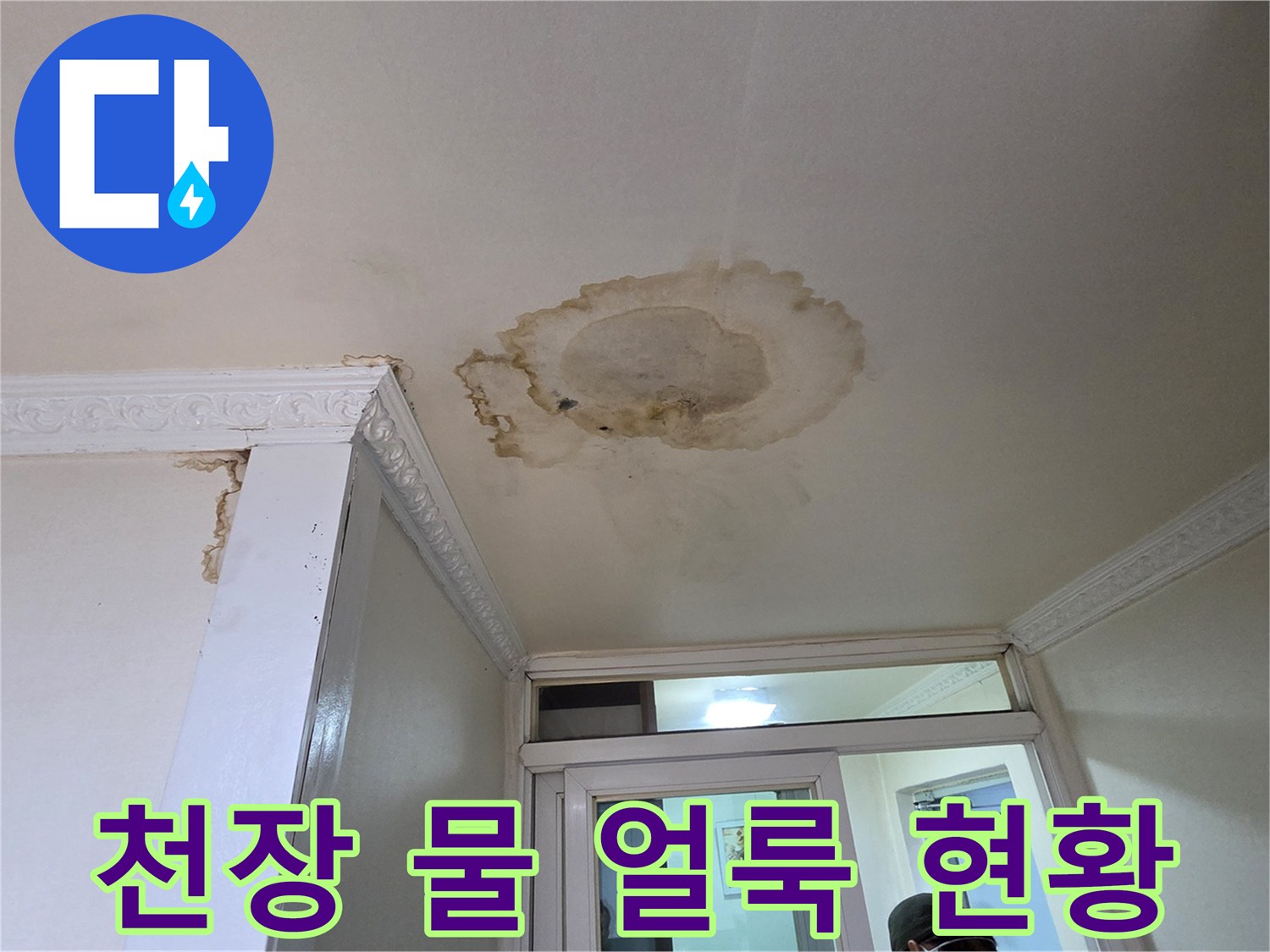 아랫집 천장에 발생한 커다란 물 얼룩과 변색된 상태입니다