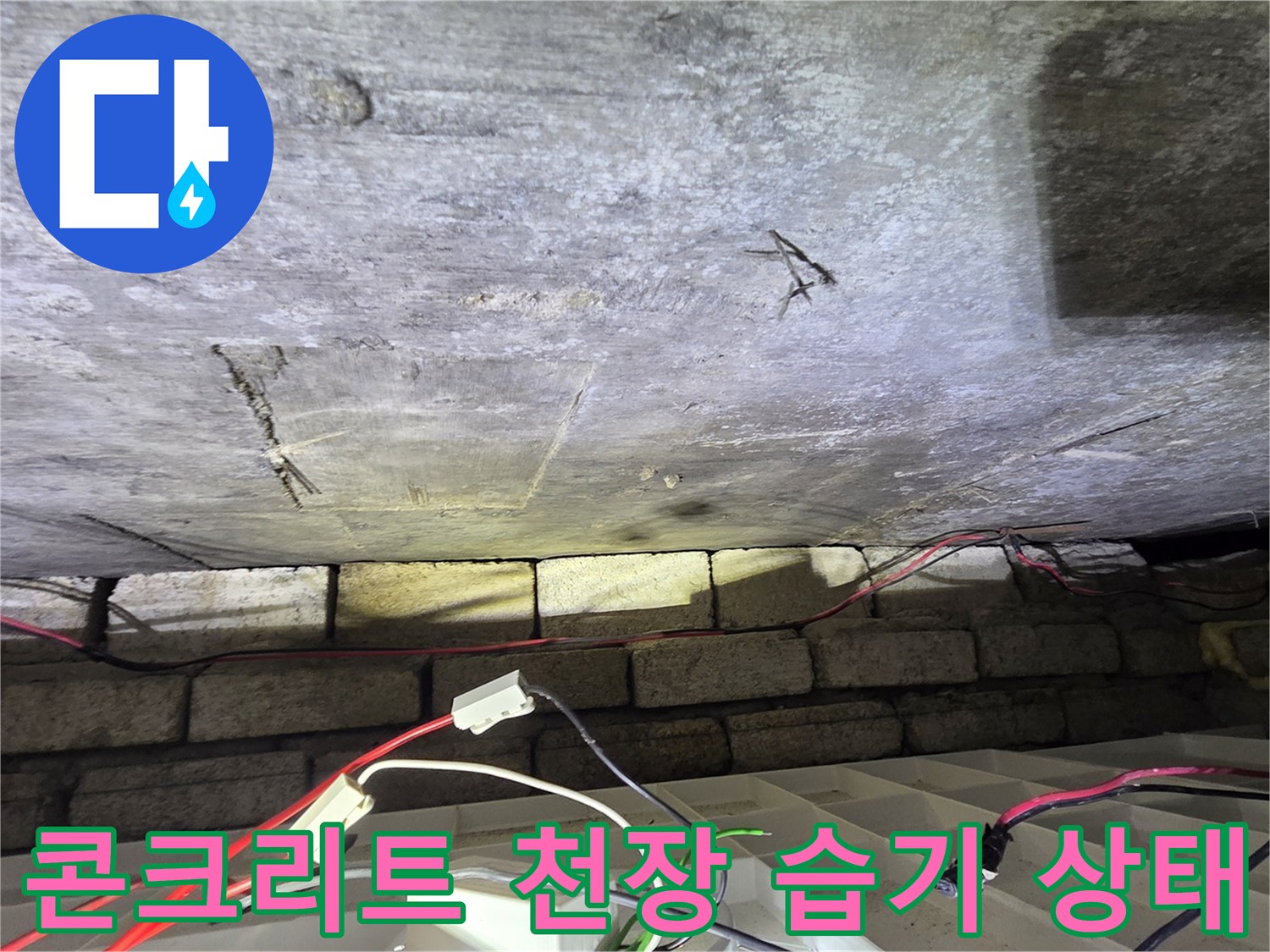 천장-콘크리트-표면의-젖은-흔적과-미세한-균열
