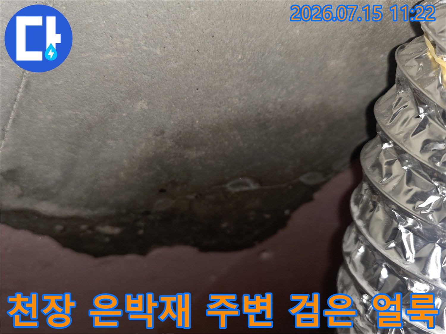 콘크리트 천장에 발생한 어두운 누수 흔적과 그 옆에 나란히 배치된 은박 보온 배관