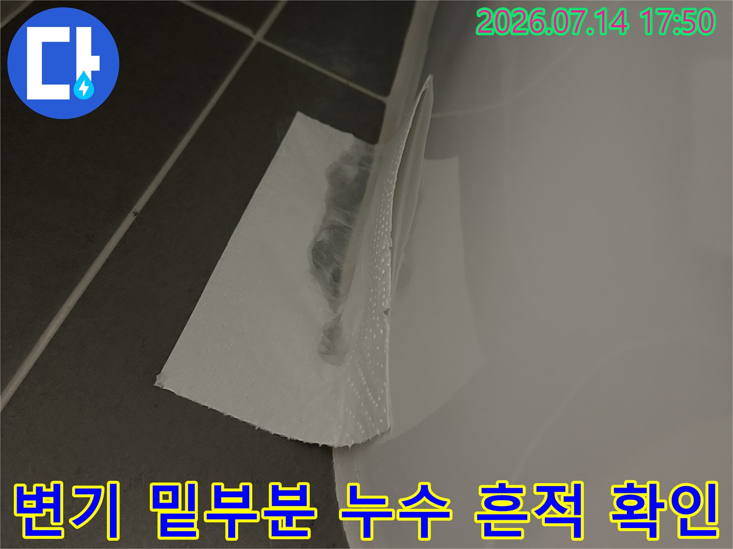 변기 하부의 젖은 부위와 배관 연결부 주변을 점검하는 모습