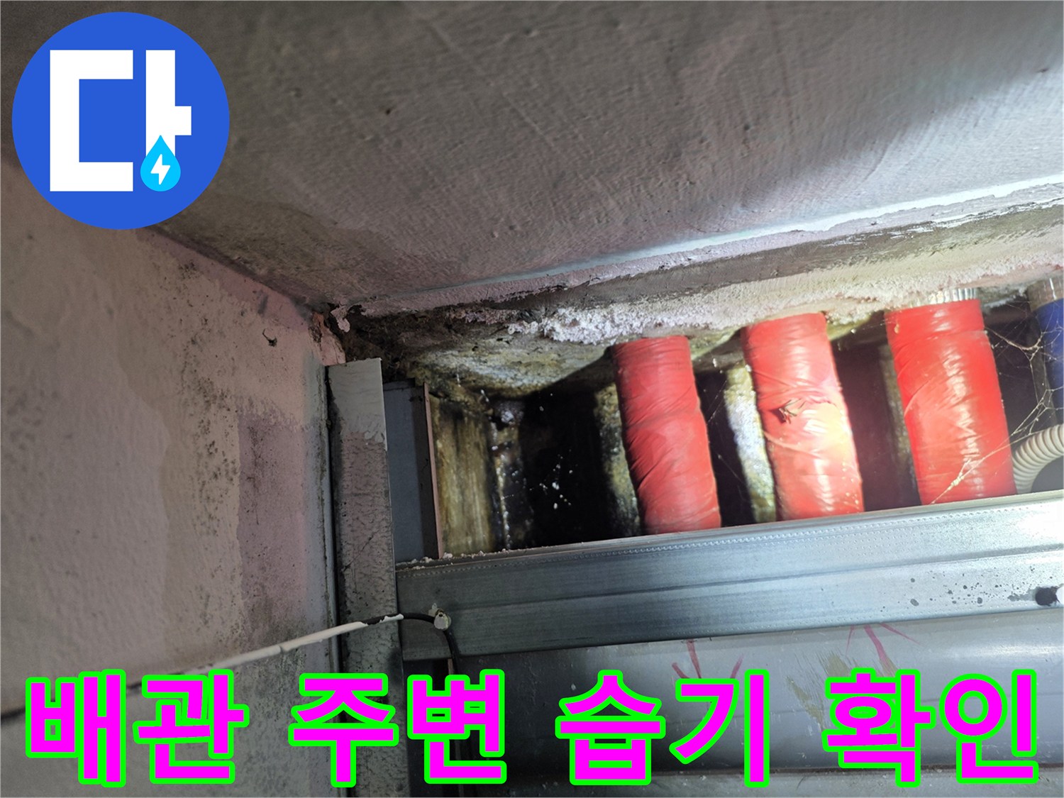 붉은 보온재 배관-주변 천장 마감 부위의 누수 흔적