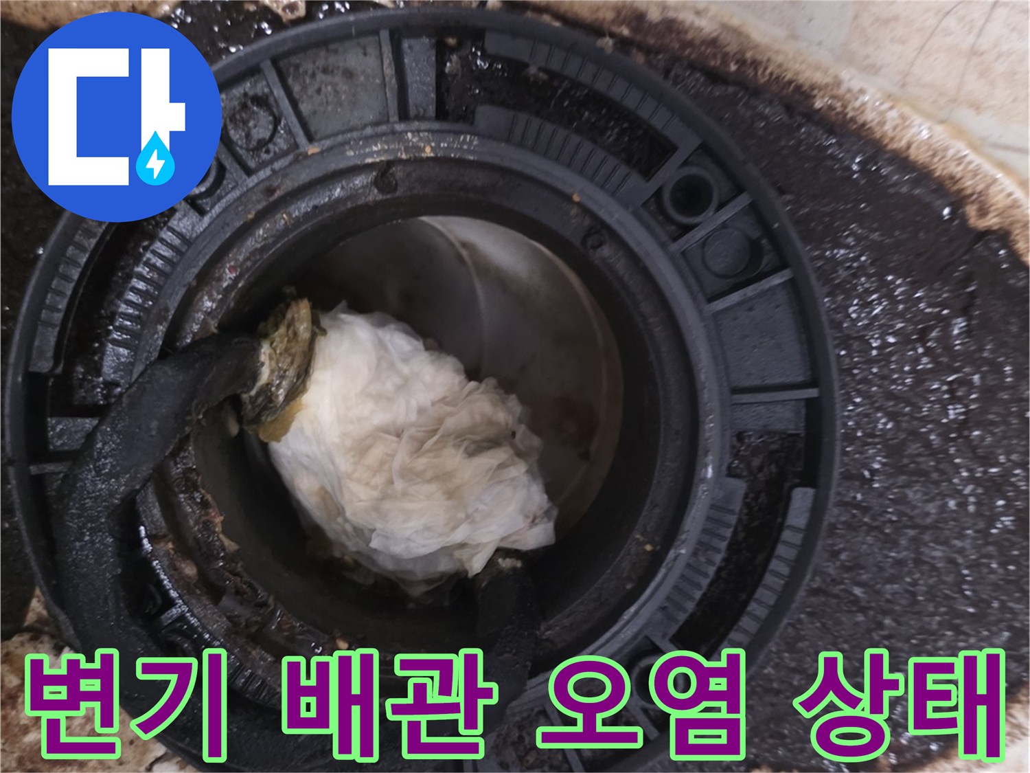 변기 탈거 후 드러난 오수관 주변의 심한 오염과 젖은 타일 모습