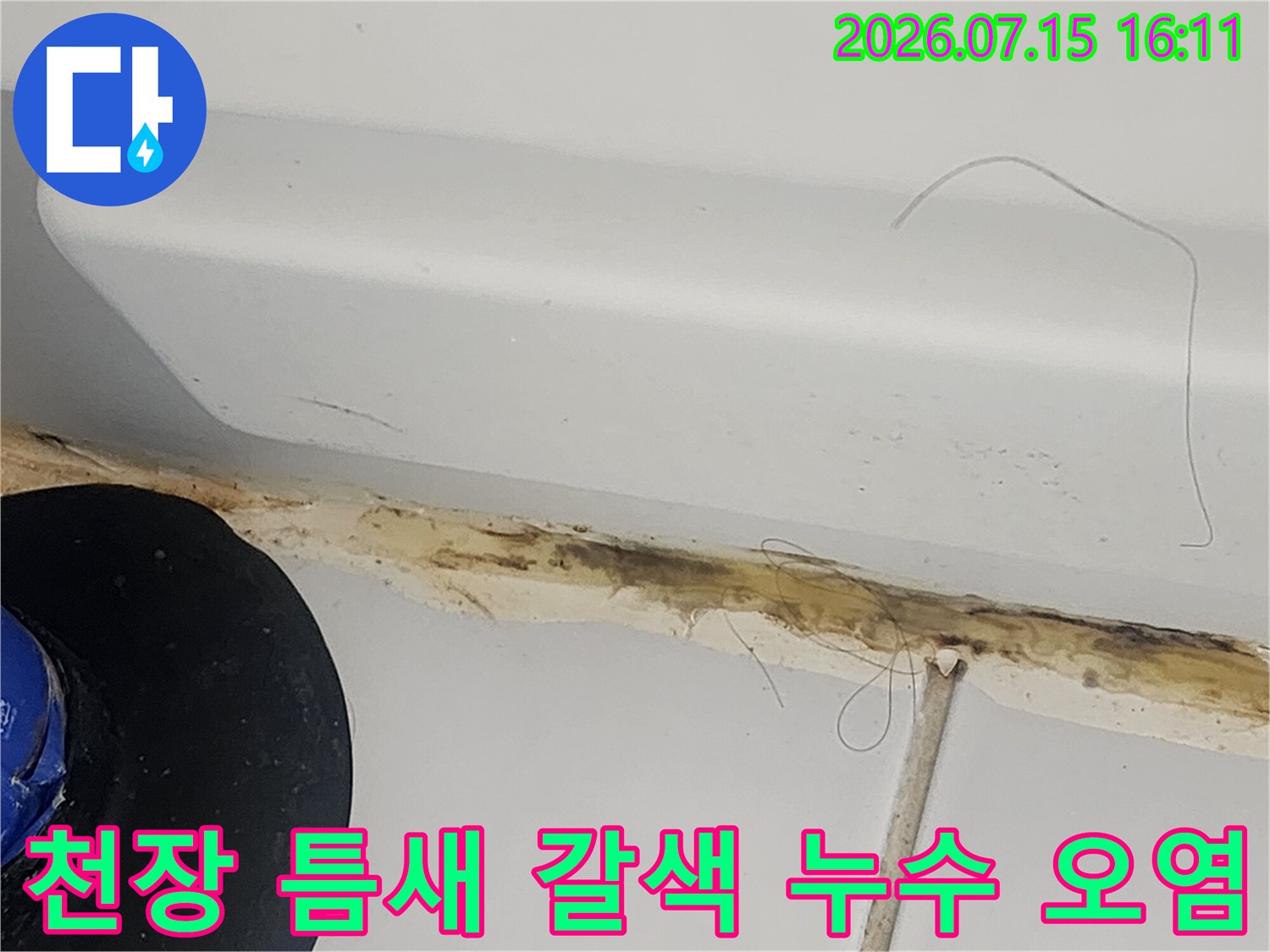 흰색 천장 몰딩과 벽면 사이의 경계선에 나타난 진한 갈색의 누수 자국