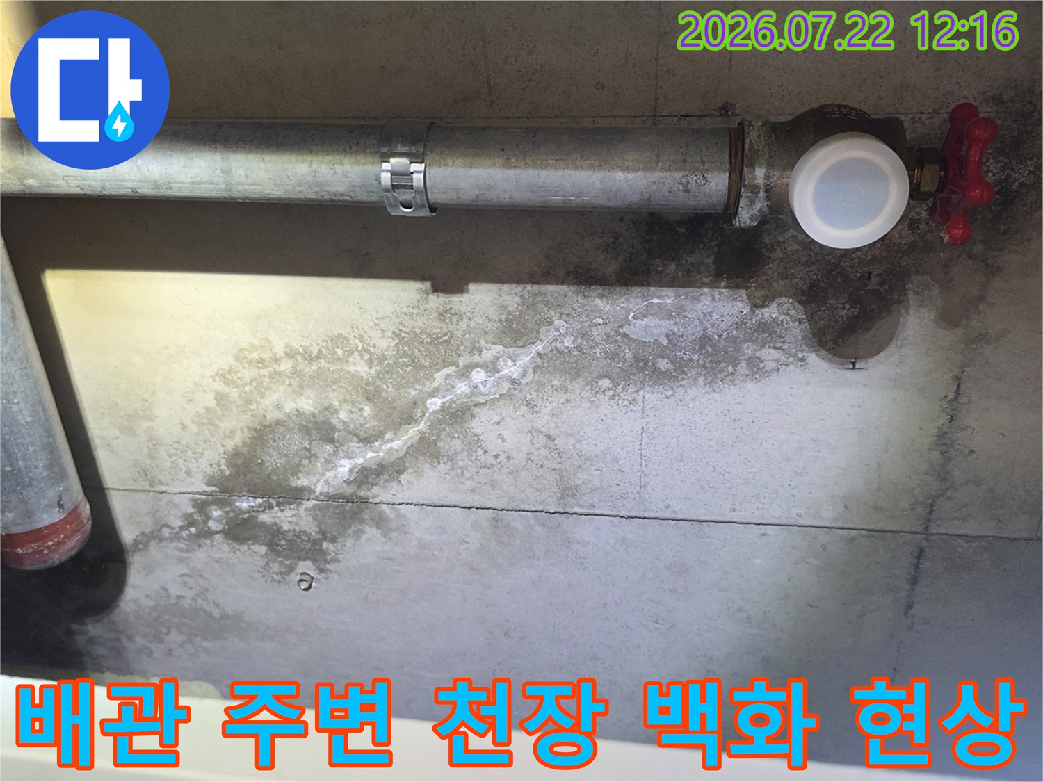 금속제 배관과 밸브 주변-콘크리트 천장에 하얗게 피어오른 백화 및 누수 흔적