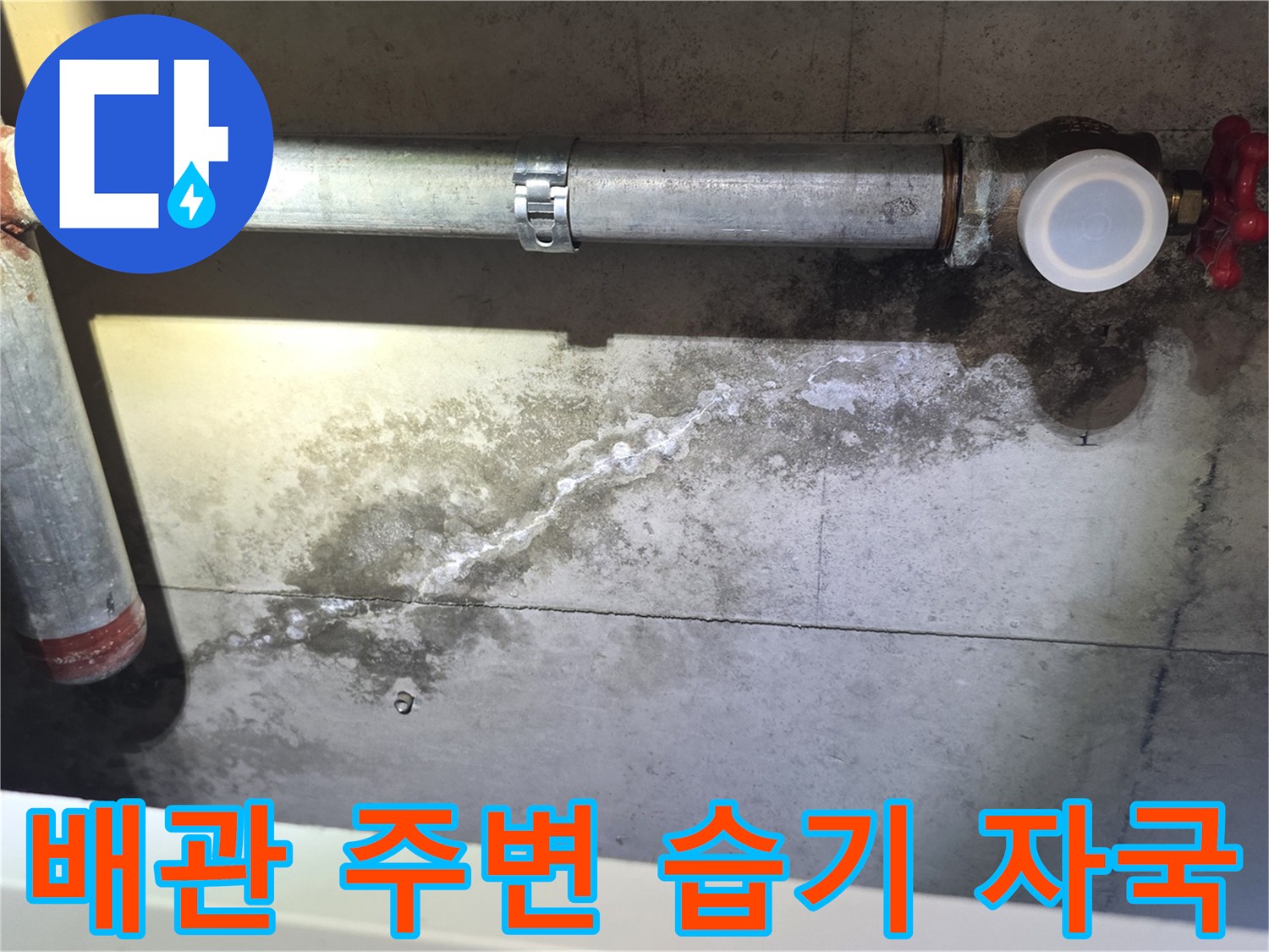 천장 배관-주변 콘크리트에 번진 젖은 얼룩과 백화