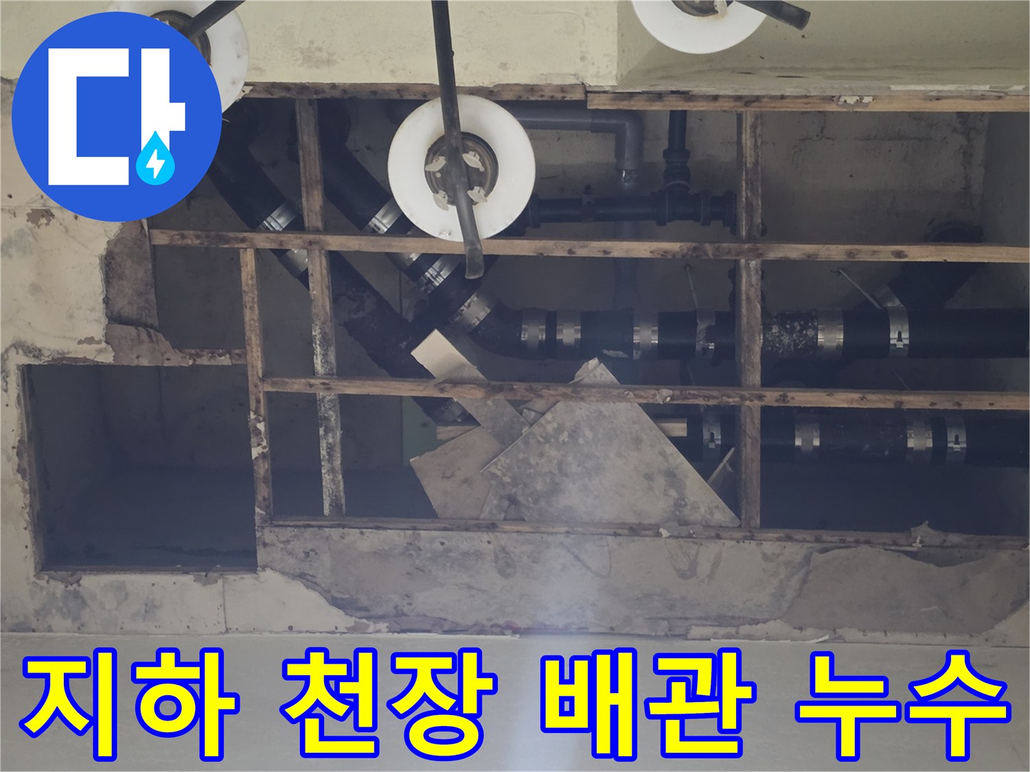 노출된 하수 배관의 연결 부위와 주변 습기 상태 기록