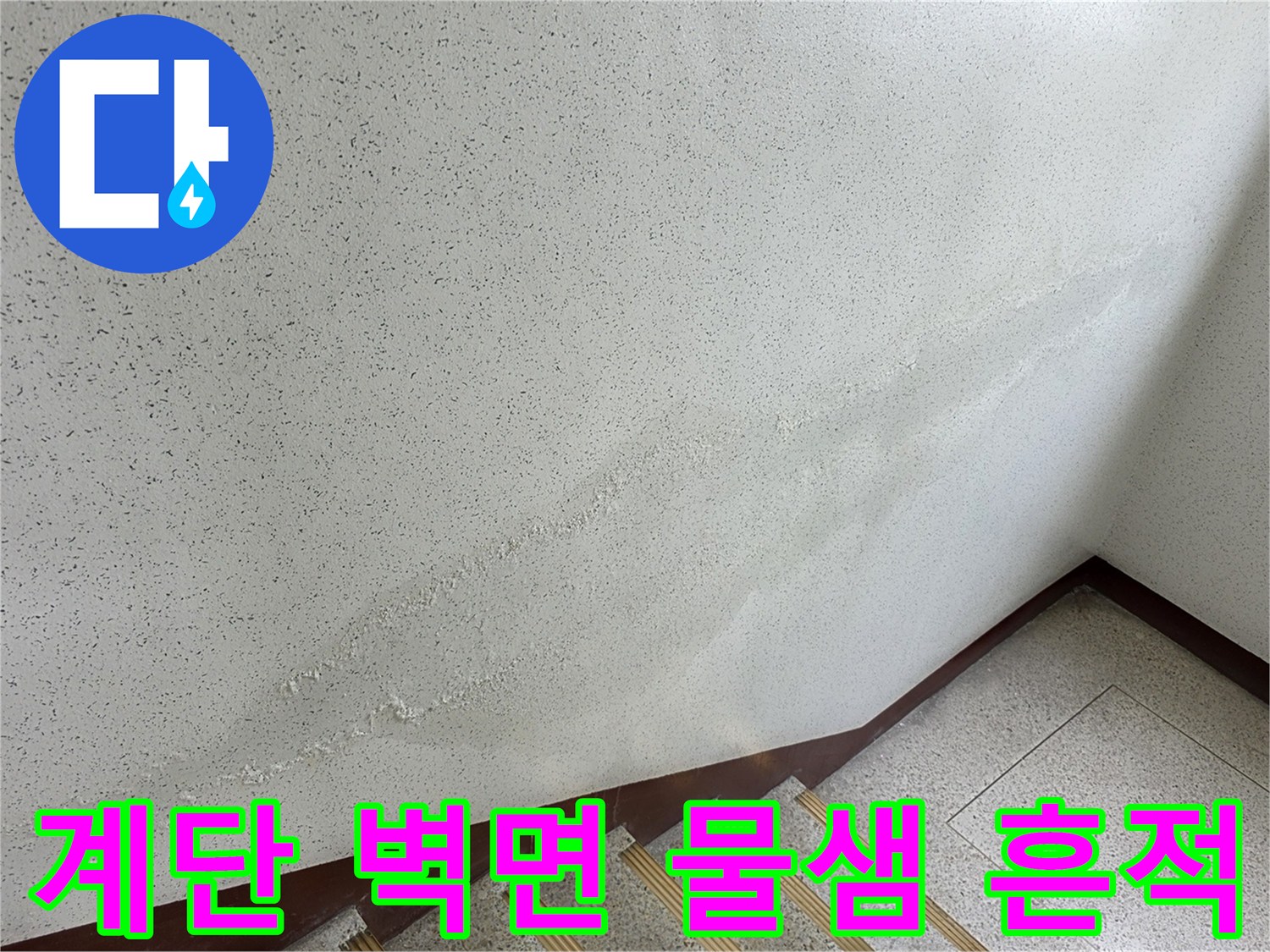 송파구 아파트 계단 벽면의 누수 흔적과 습기로 인한 얼룩 상태