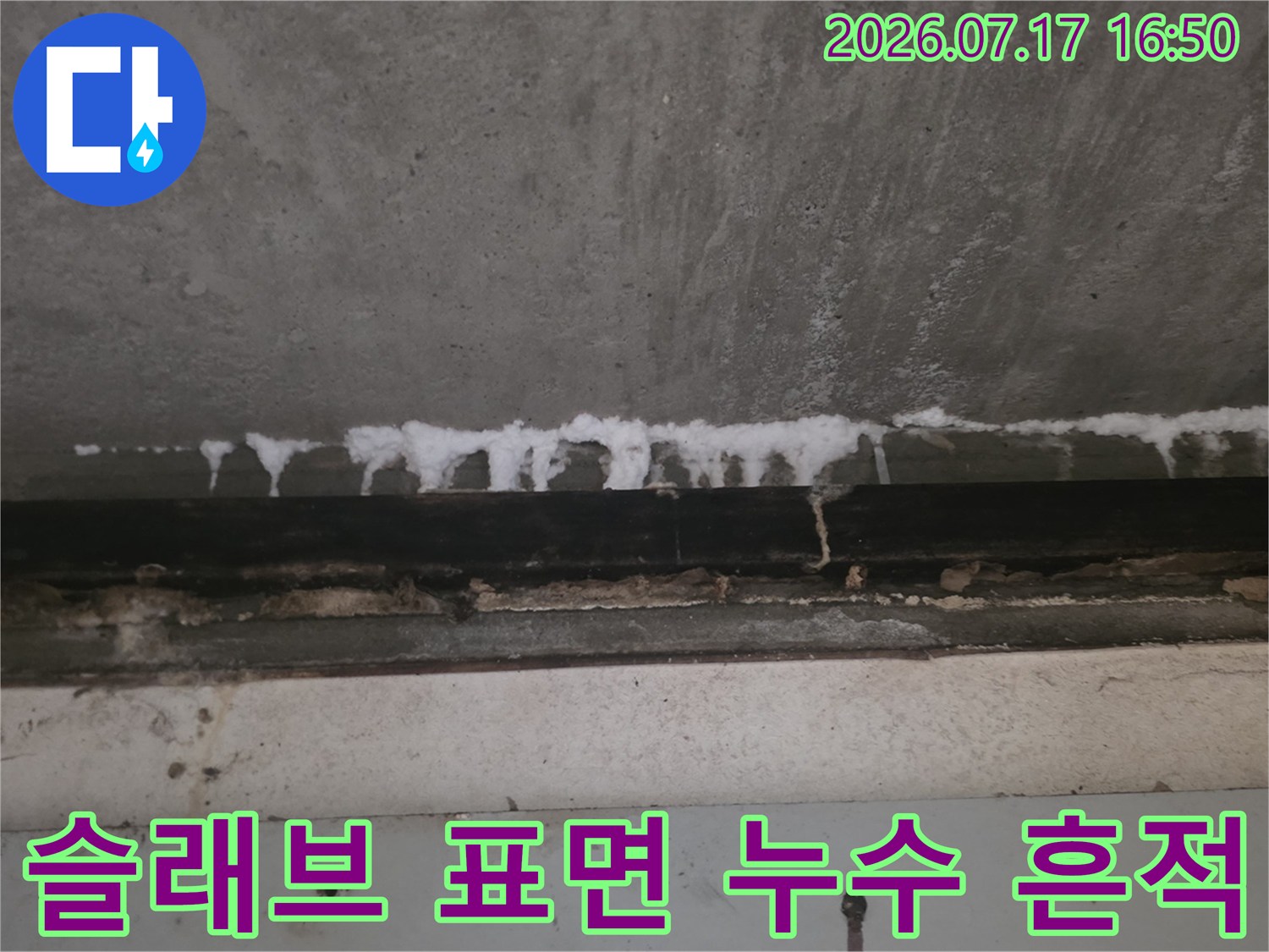 콘크리트 천장 가장자리를 따라 하얗게 형성된 백화물과 물자국 모습
