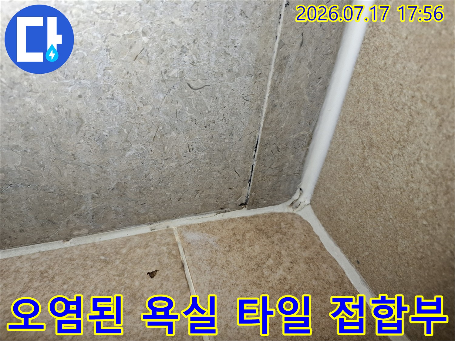 욕실의 수직 코너 부분에 시공된 실리콘이 변색되고 틈새가 생긴 근접 사진