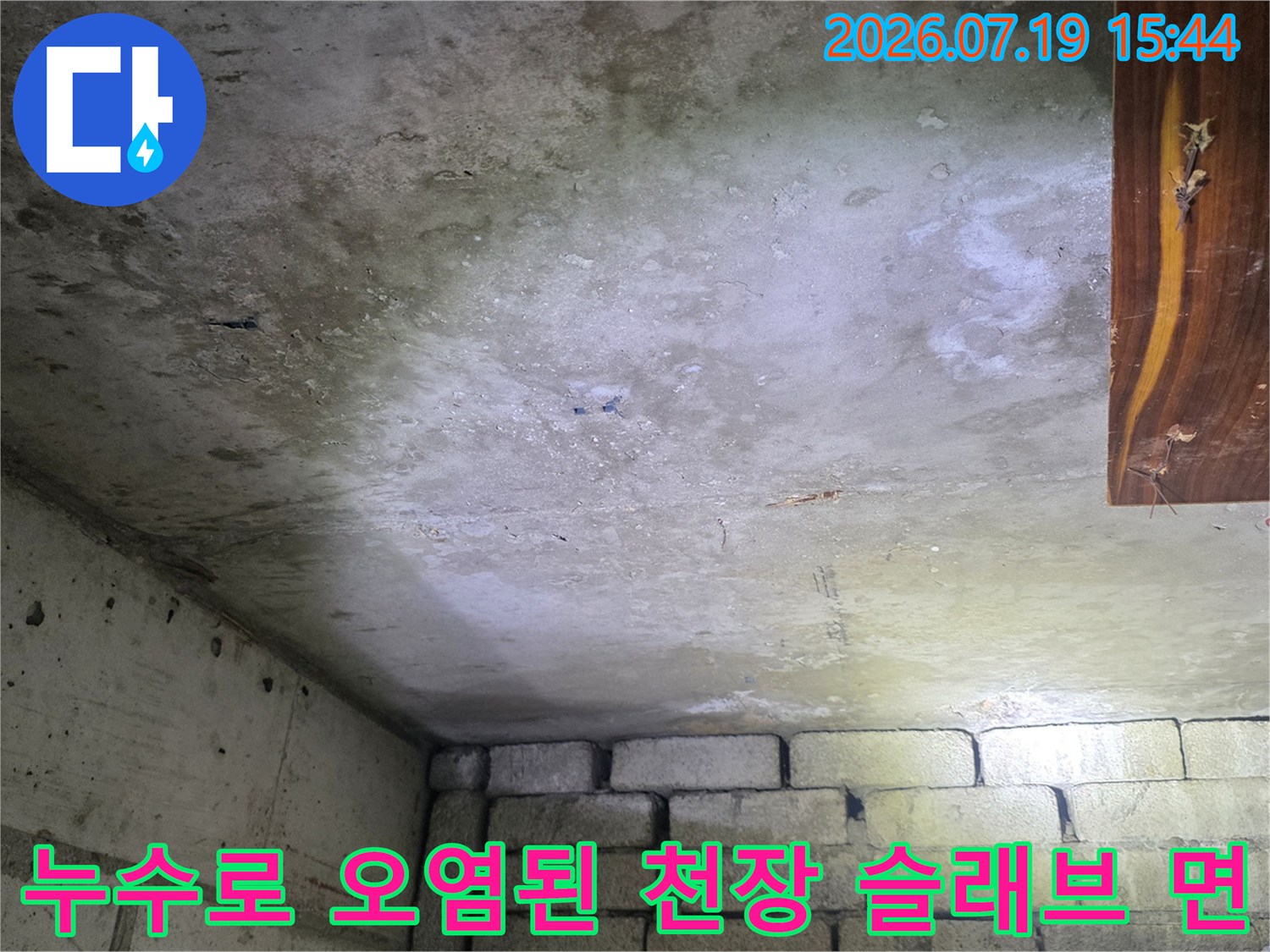 습기와-물-얼룩으로-지저분해진-화장실-천장의-콘크리트-표면