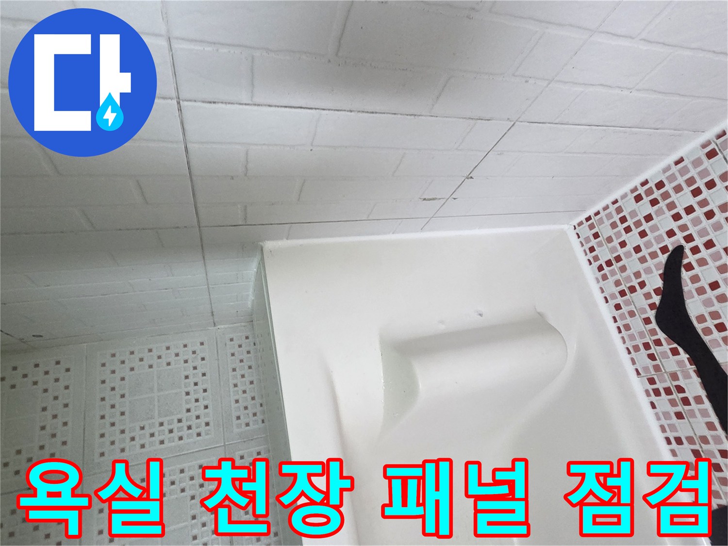 화장실 천장 돔 구조물과 모자이크 패턴 타일의 경계면