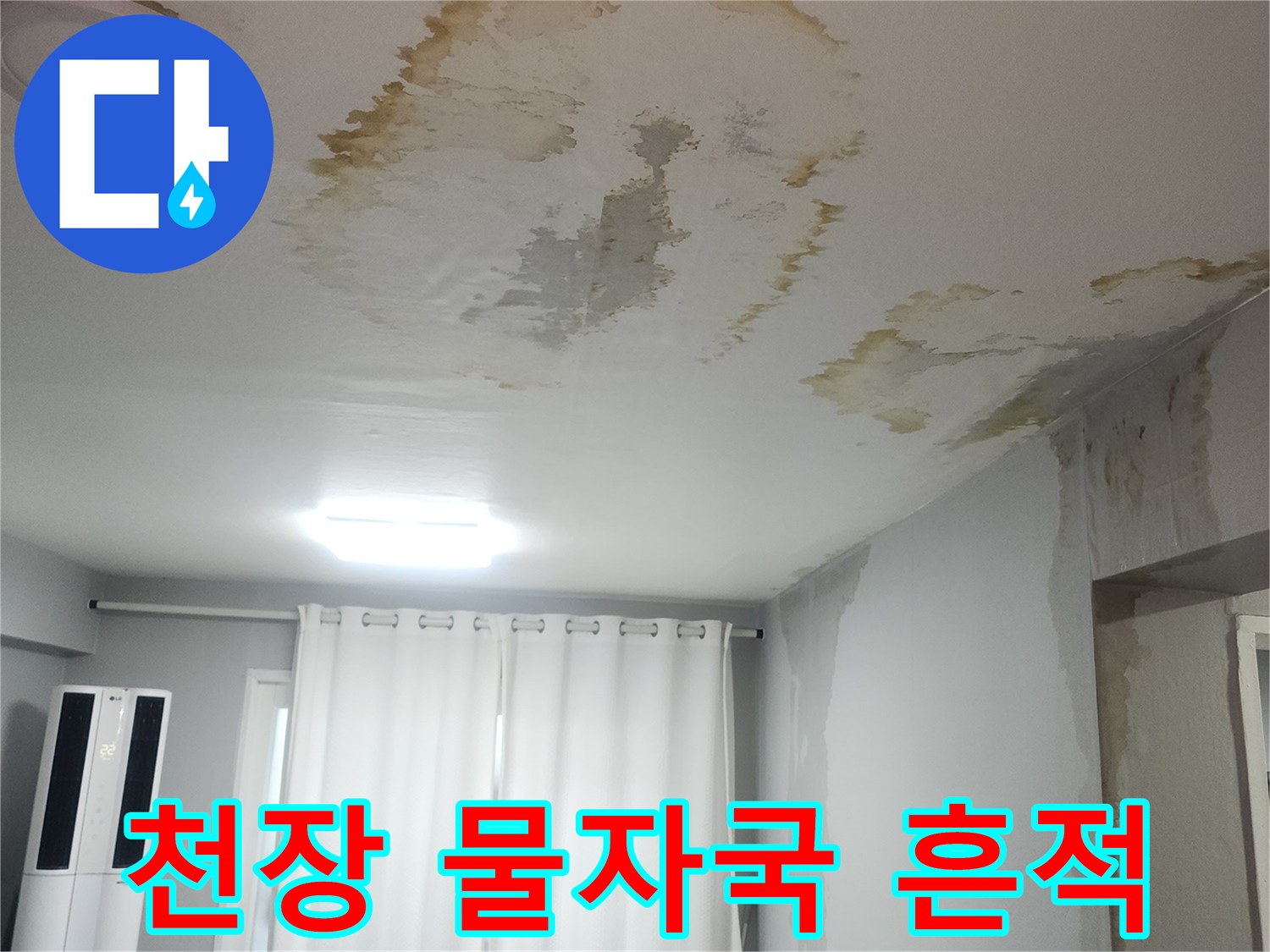 넓게 번진 천장 누수 자국과 젖은 벽면 사진