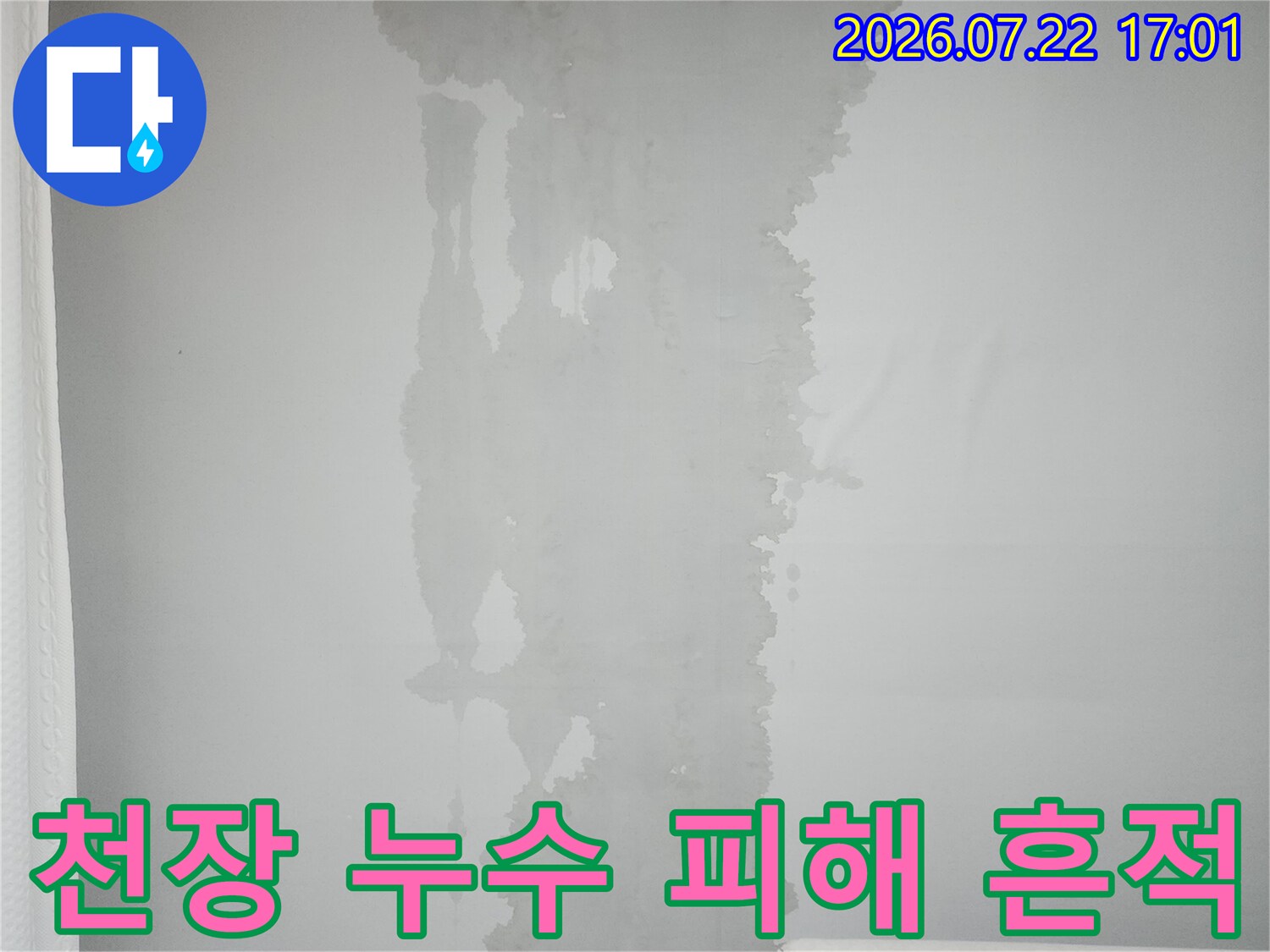 하얀색 벽지에 발생한 물자국과 들뜬 도배지 상태