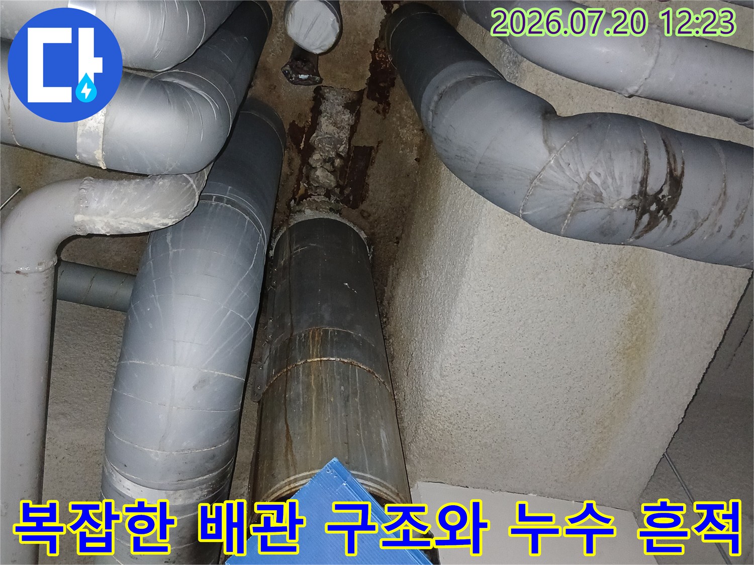 지하 공간의 노출된 상부 배관 및 수분 침투 증거 확인