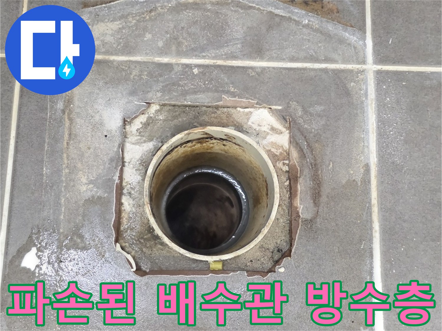 화장실 배수구-주변 타일 틈새와 배관 사이의 습기 찬 상태