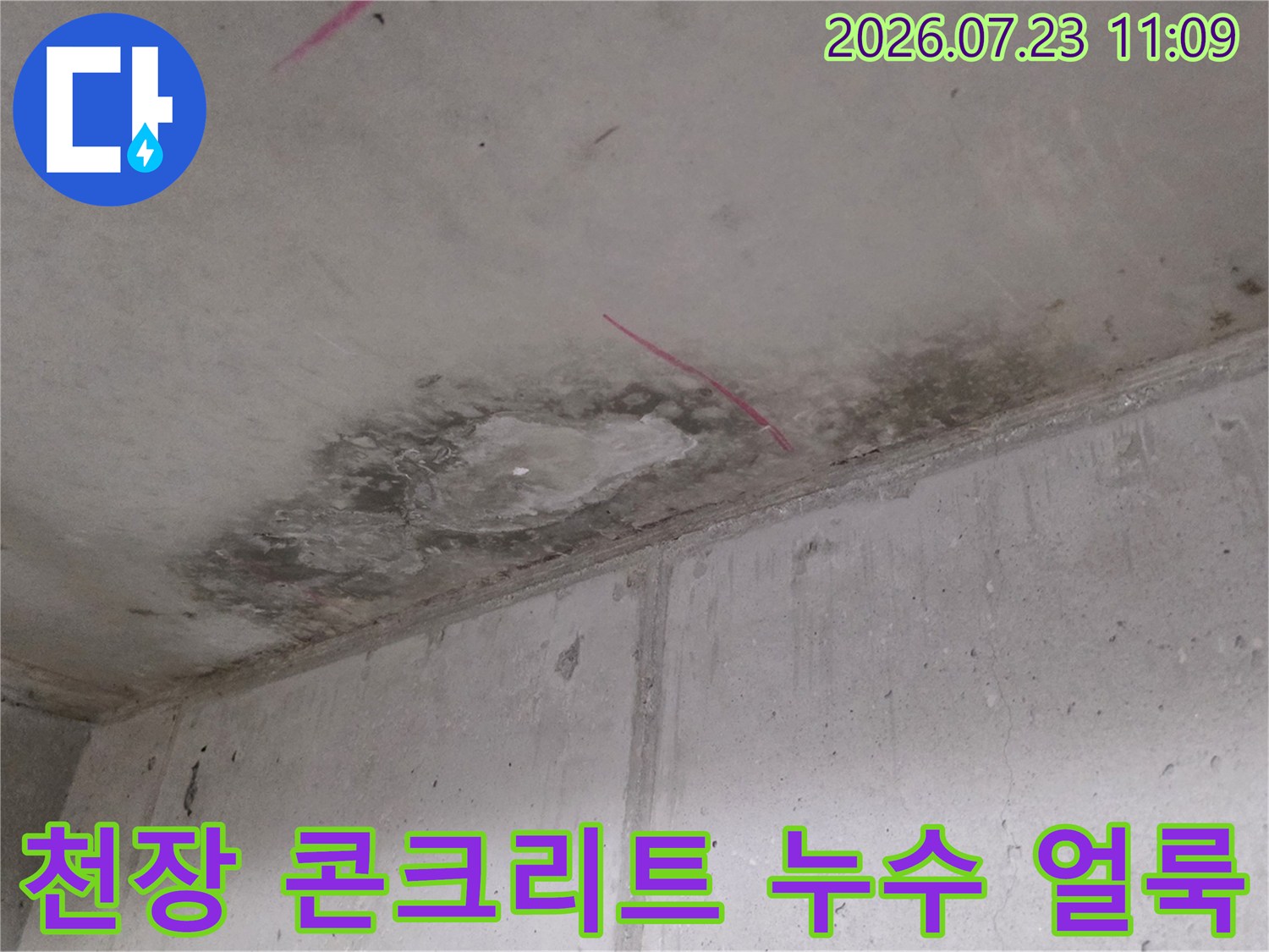 아파트 천장 콘크리트 표면에 발생한 짙은 색의 누수 얼룩-물자국