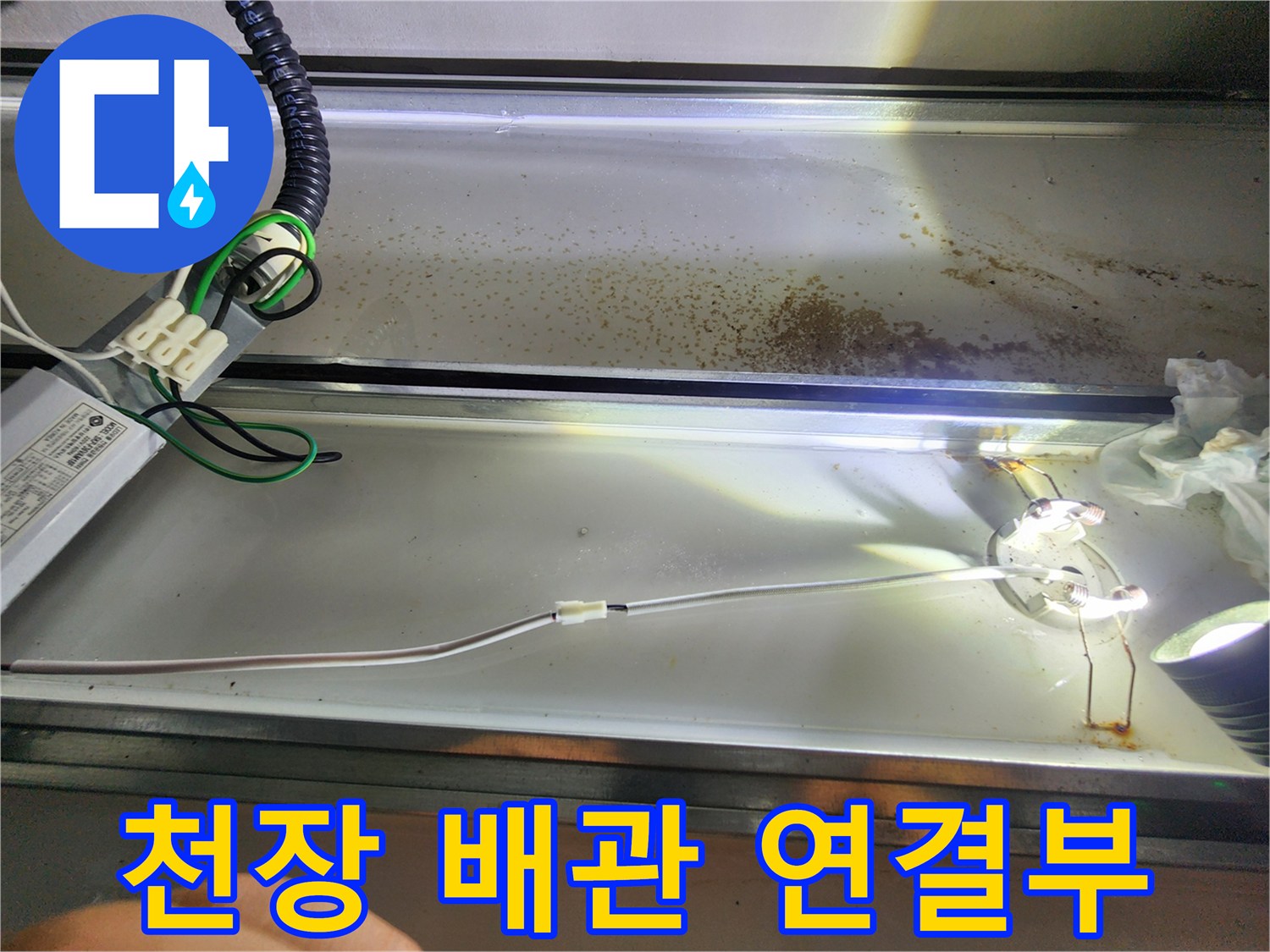 하수 배관의 연결 부위와 주변 습기 상태를 보여주는 사진